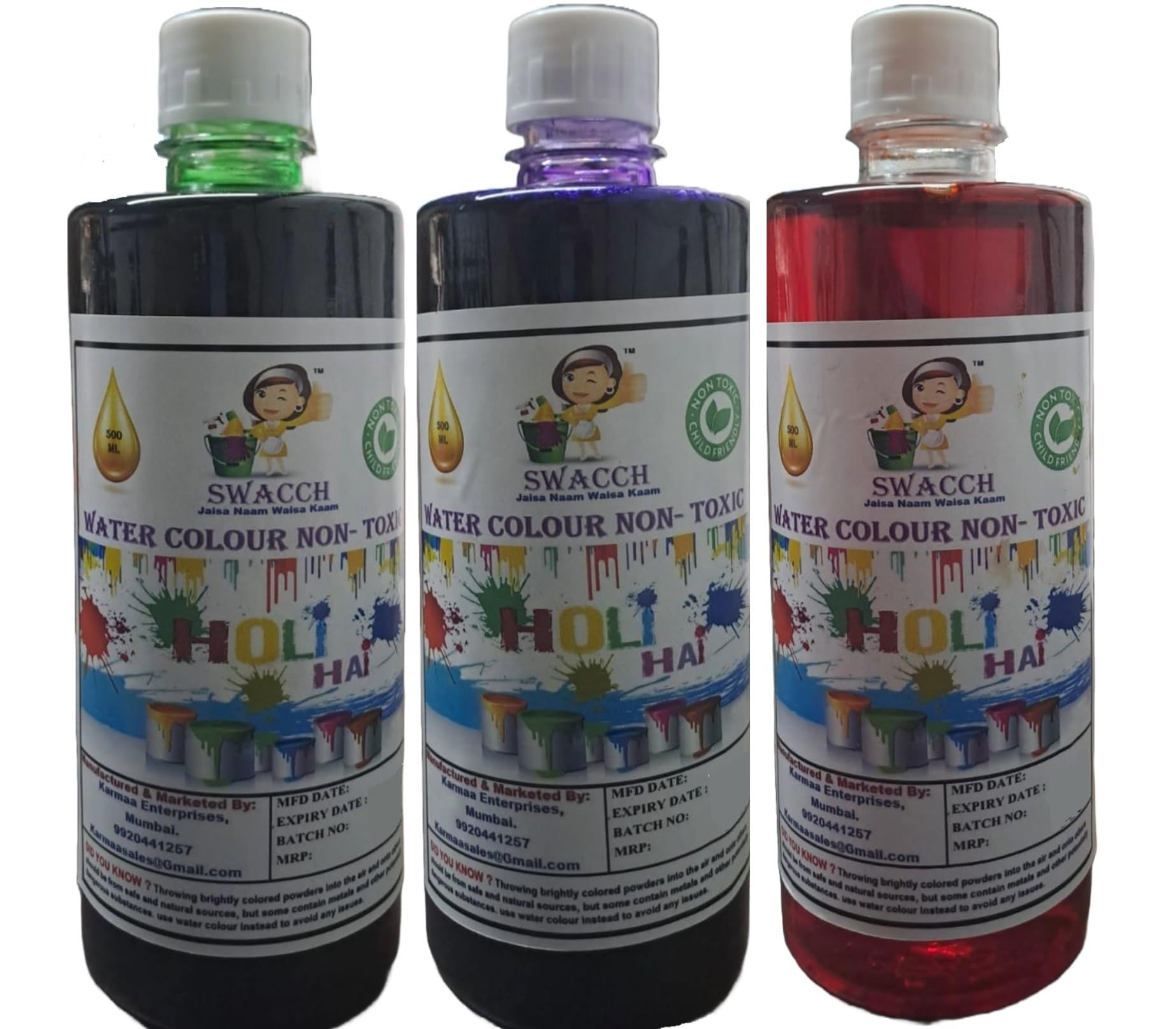 SWACCH WATER COLOUR NON-TOXIC & ECO FRIENDLY COLOUR (GREEN, BLUE & RED) (500ML) (PACK OF 3)