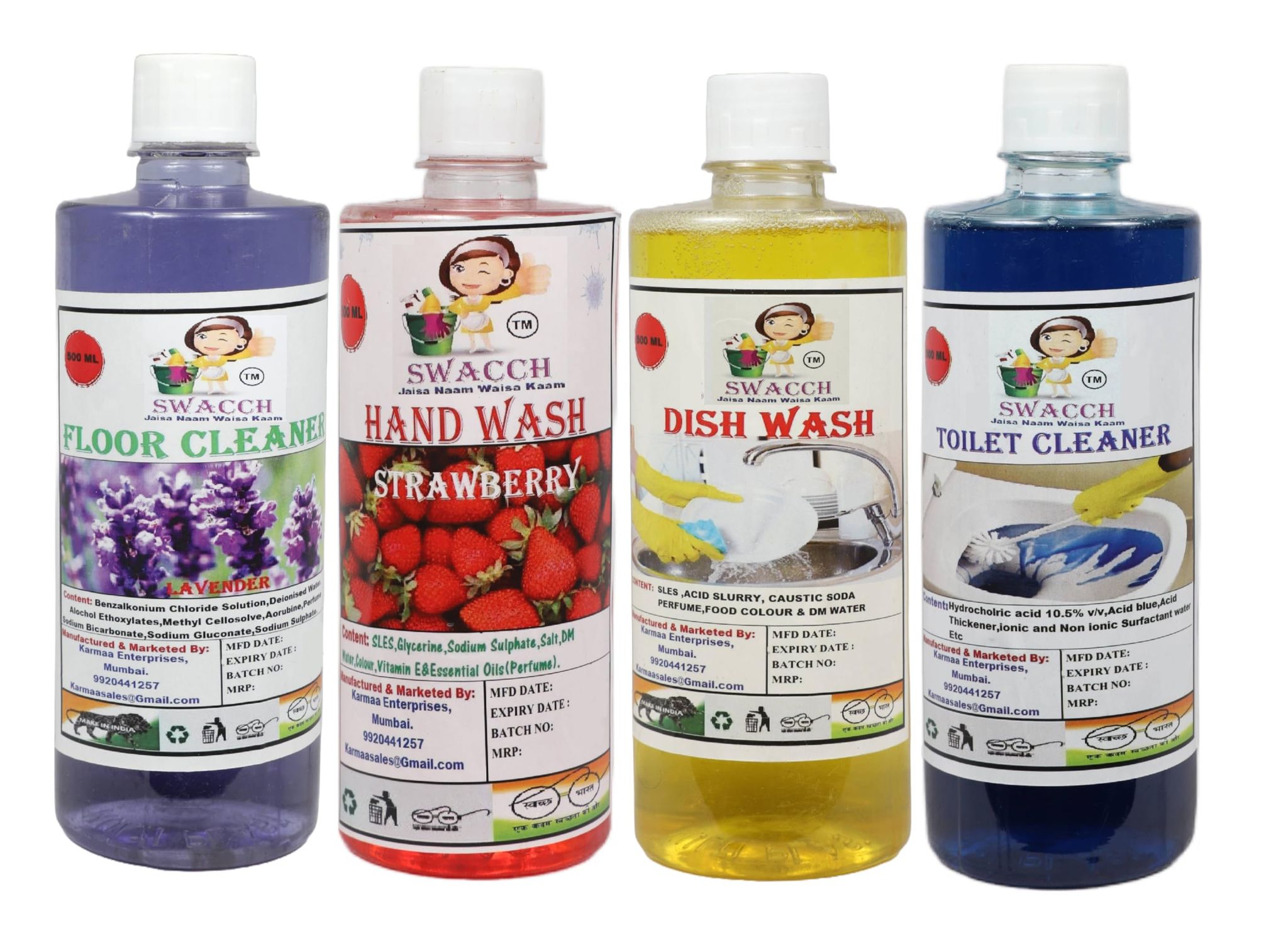 Home Care Combo Floor Cleaner Lavender, Hand Wash Strawberry, Dish Wash Lemon & Toilet Cleaner 500ml (Pack of 4)