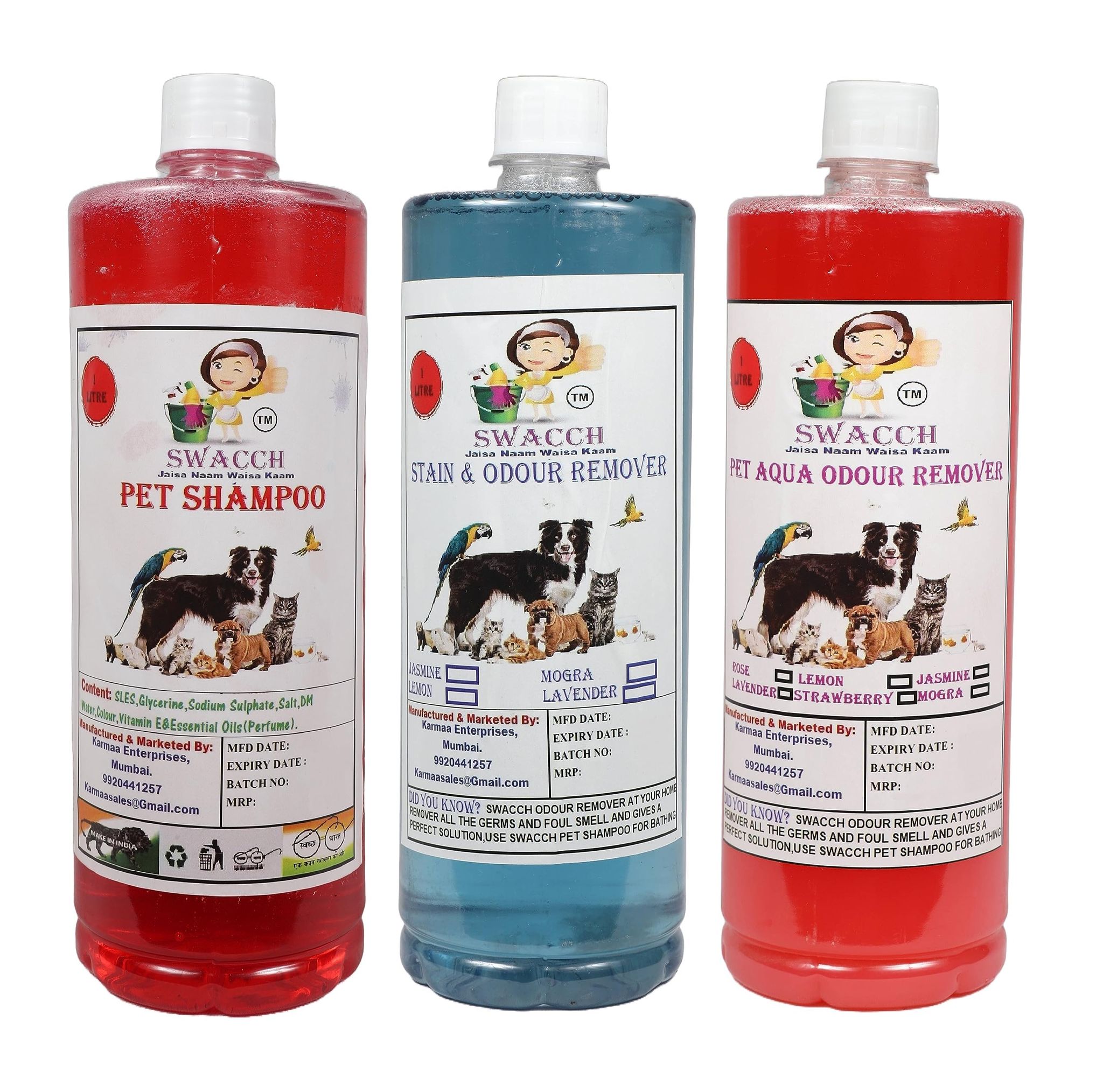 Swacch Pet Shampoo (Jasmine) + Deodorizer (Rose)+ Stain Remover (Lavender) (1 Litre) (Combo Pack of 3)