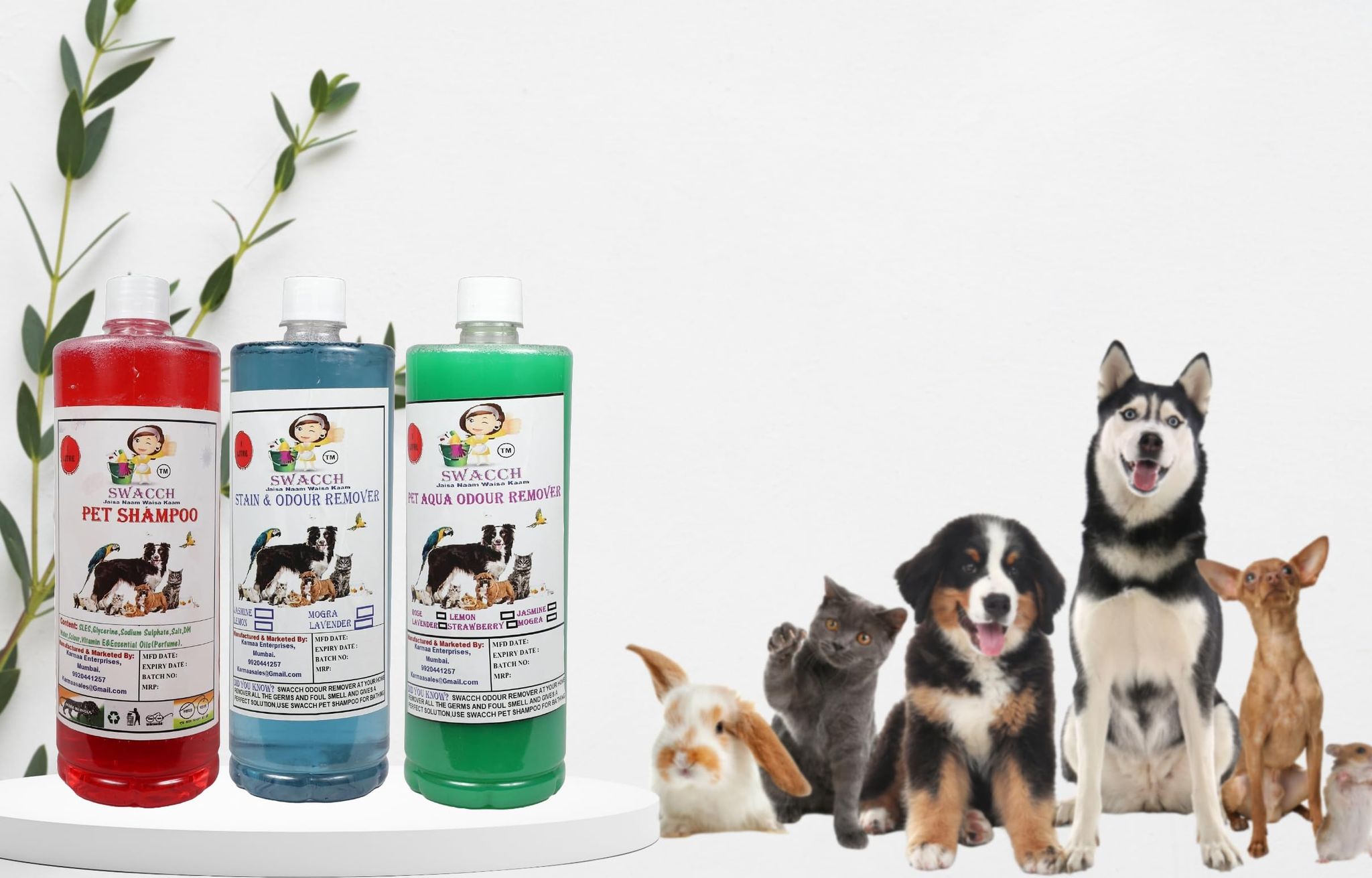 Swacch Pet Shampoo (Jasmine) + Deodorizer (Jasmine) + Stain Remover (Lavender) (1 Litre) (Combo Pack of 3)
