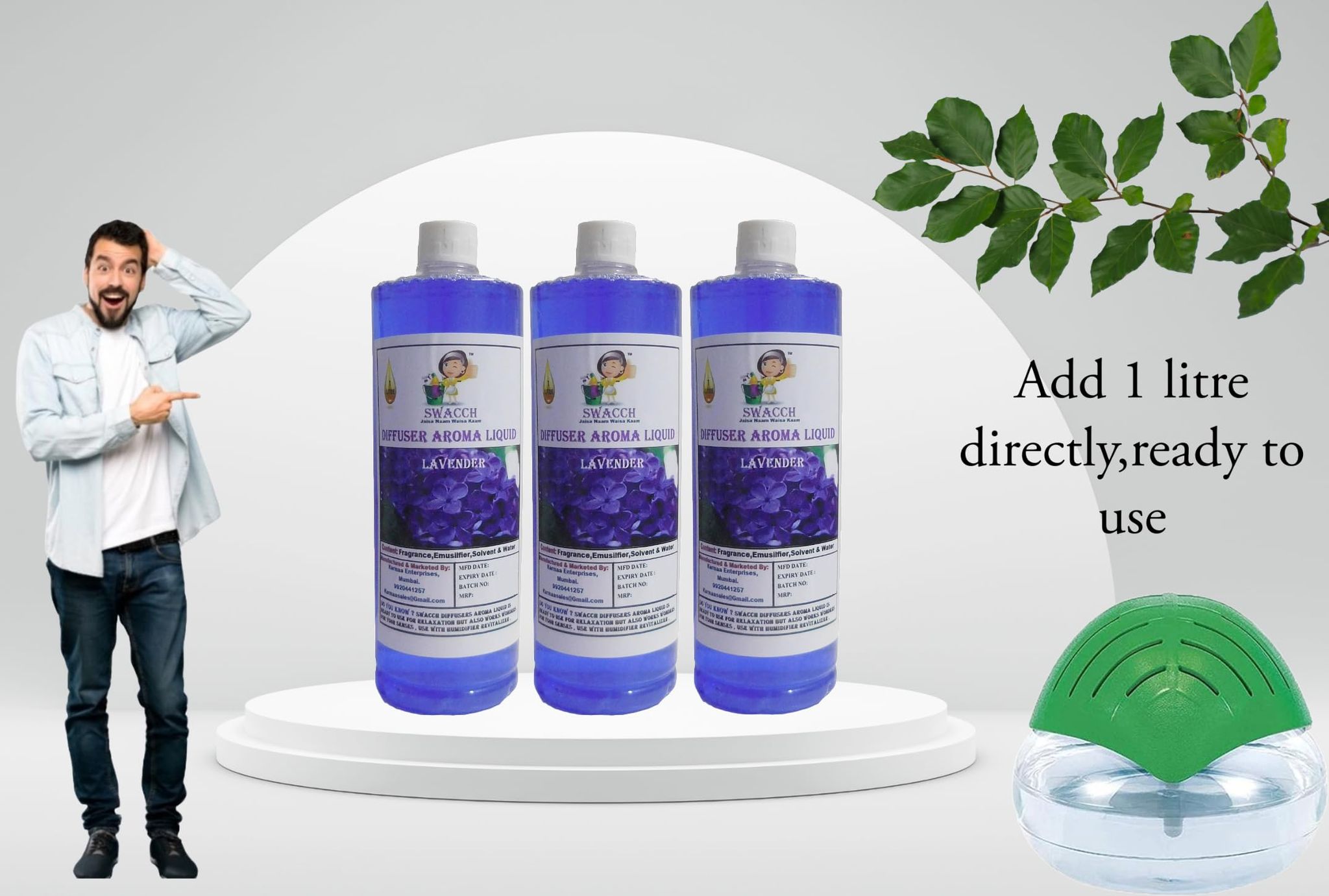 Swacch Diffuser Aroma Liquid (1 Litre) (Pack of 3) Lavender