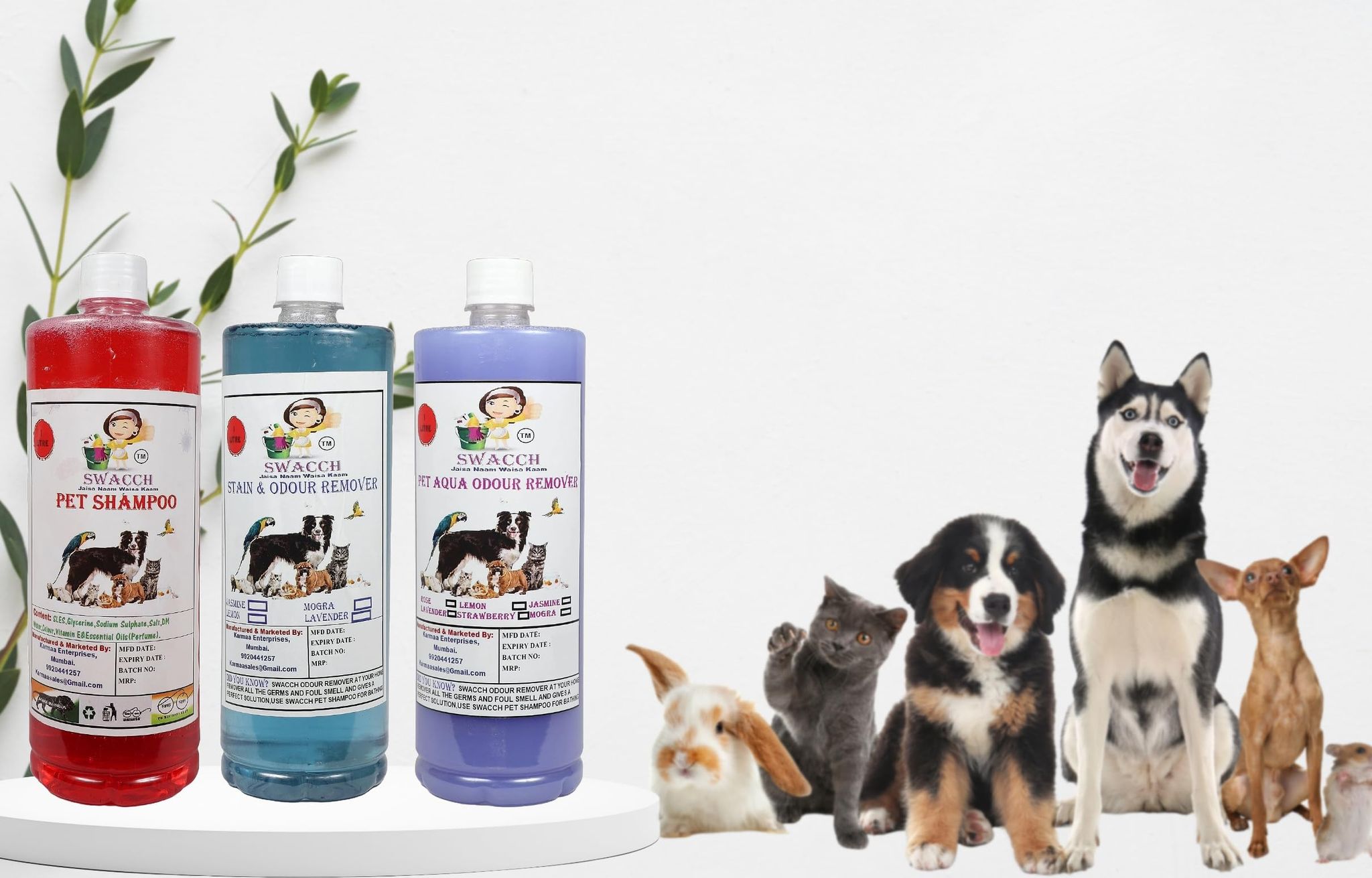 Swacch Pet Shampoo (Jasmine) + Deodorizer (Lavender) + Stain Remover (Lavender) (1 Litre) (Combo Pack of 3)