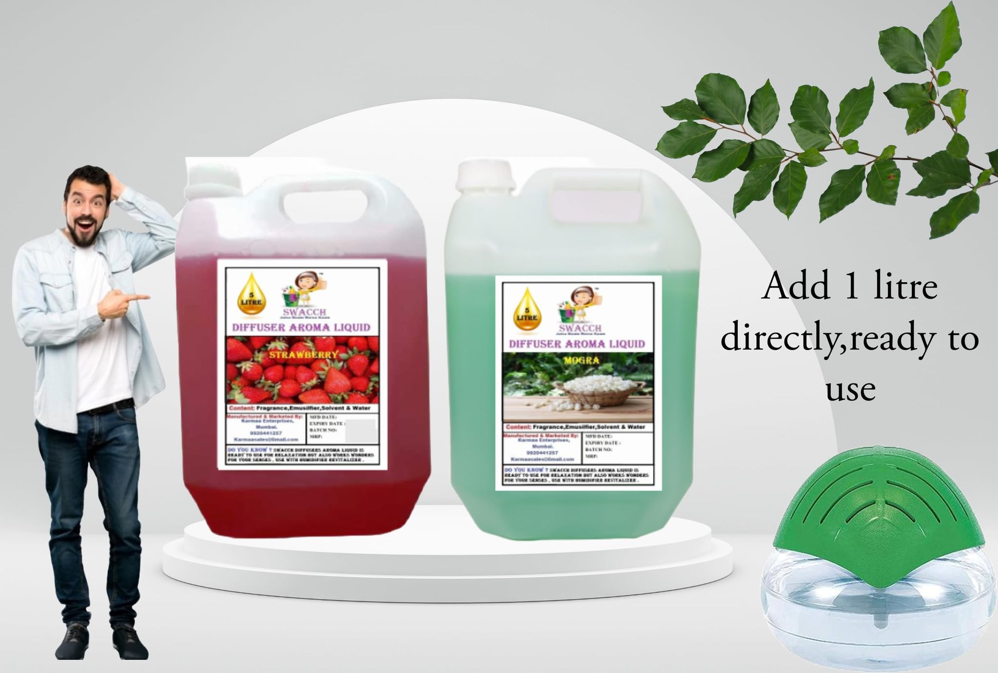 Swacch Diffuser Aroma Liquid (5 Litre) (Pack of 2) Strawberry & Mogra