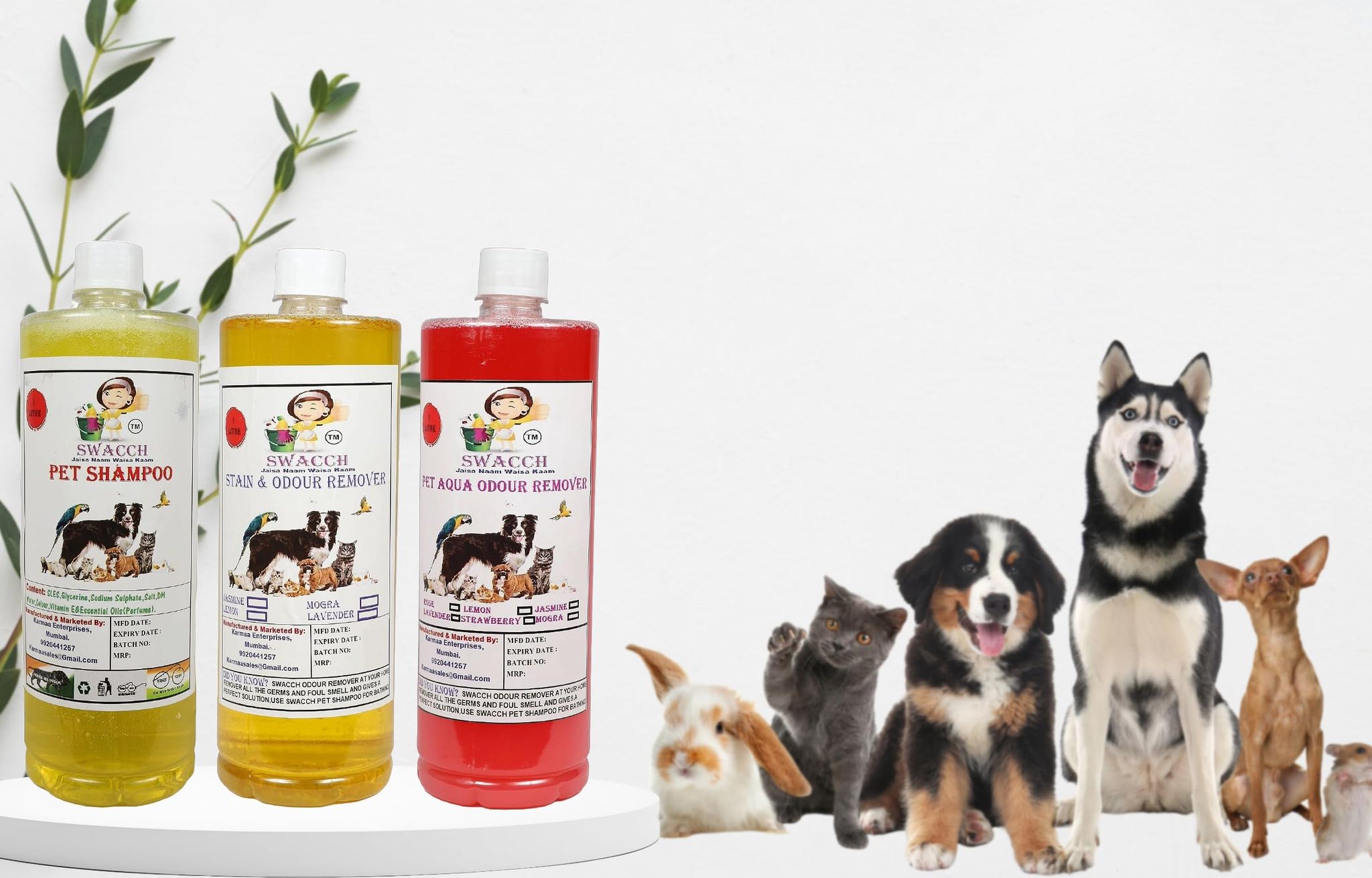 Swacch Pet Shampoo (Lemon) + Deodorizer (Rose) + Stain Remover (Lemon) (1 Litre) (Pack of 3)