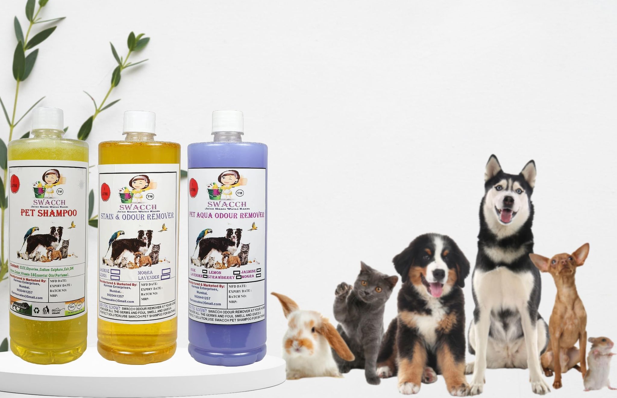 Swacch Shampoo (Lemon) + Deodorizer (Lemon) + Stain Remover (Lavender) 1 Litre Each