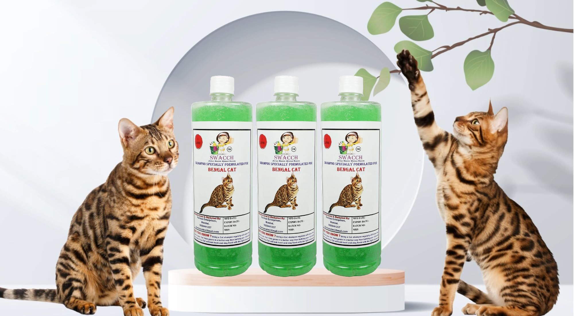 SWACCH Shampoo Specially Formulated for Bengal Cat (1 Litre) (Pack of 3) Neem Alovera