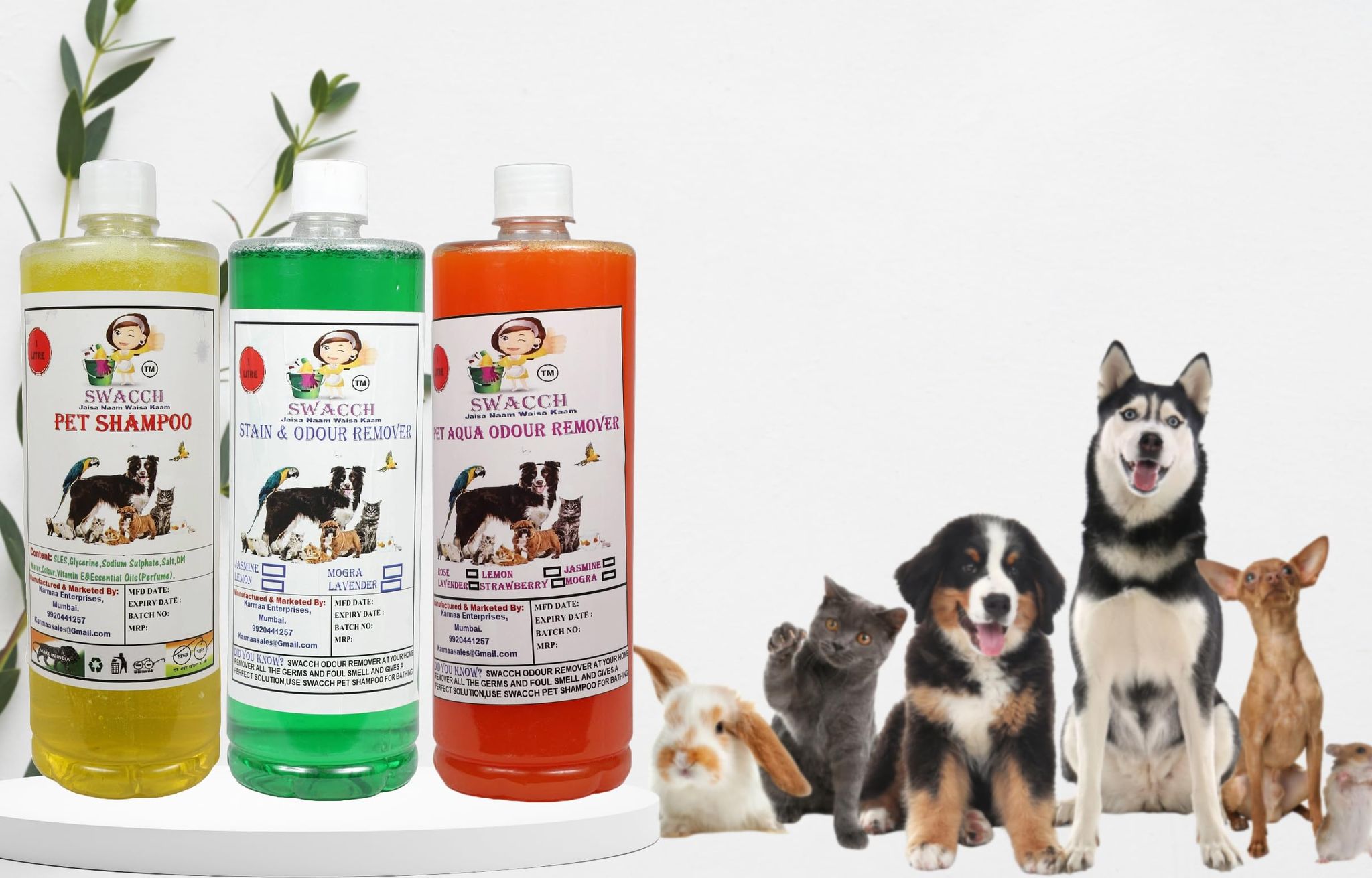 Swacch Shampoo (Lemon) + Deodorizer (Mogra) + Stain Remover (Orange) 1 Litre Each