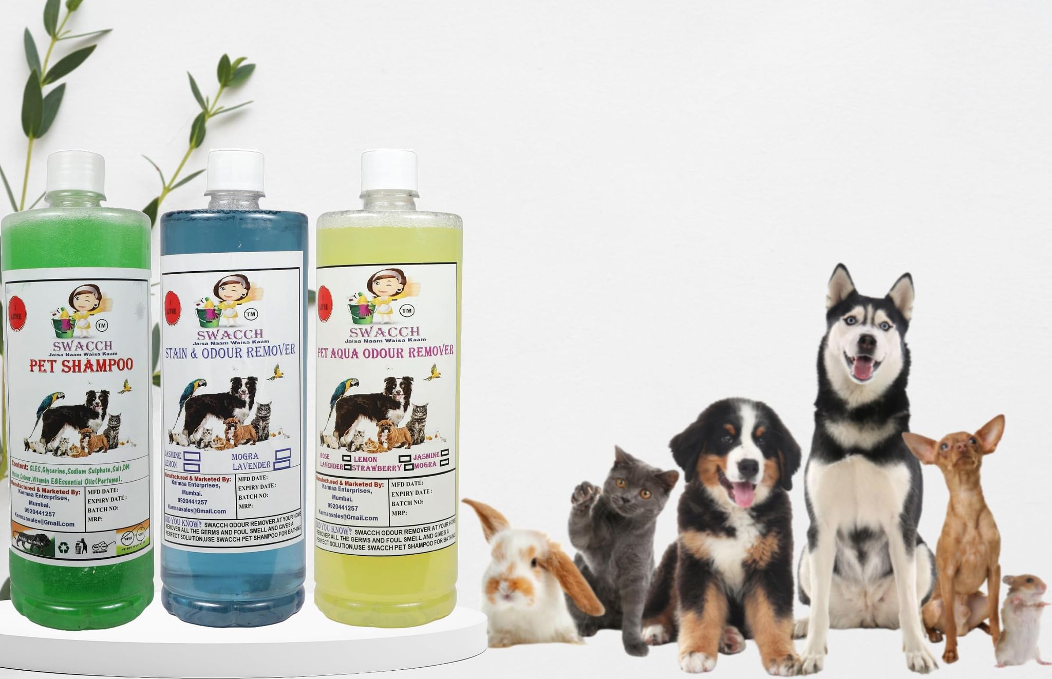 Swacch Shampoo (Neem Alovera) + Deodorizer (Lavender) + Stain Remover (Orange) 1 Litre Each