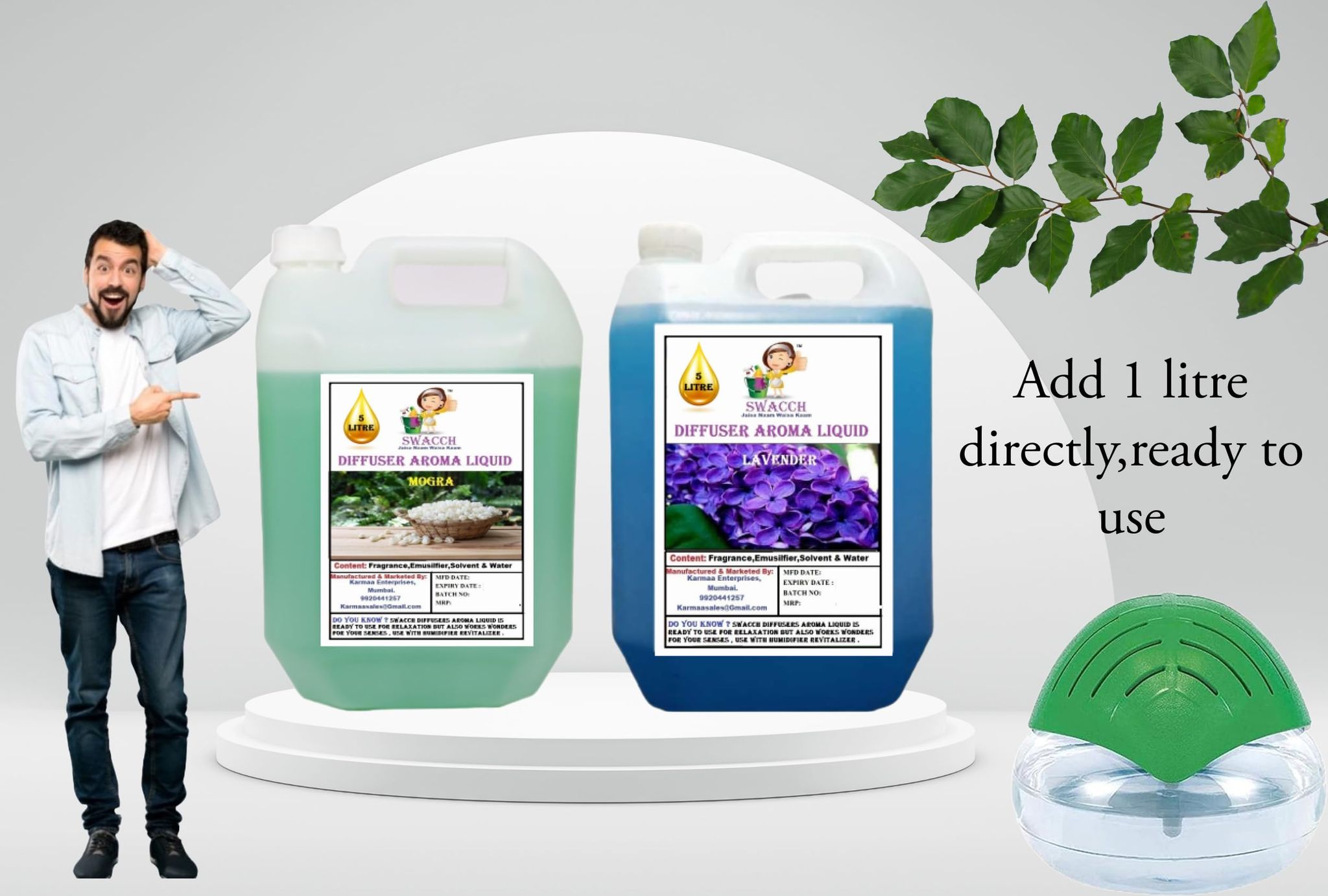 Swacch Diffuser Aroma Liquid (5 Litre) (Pack of 2) Mogra & Lavender