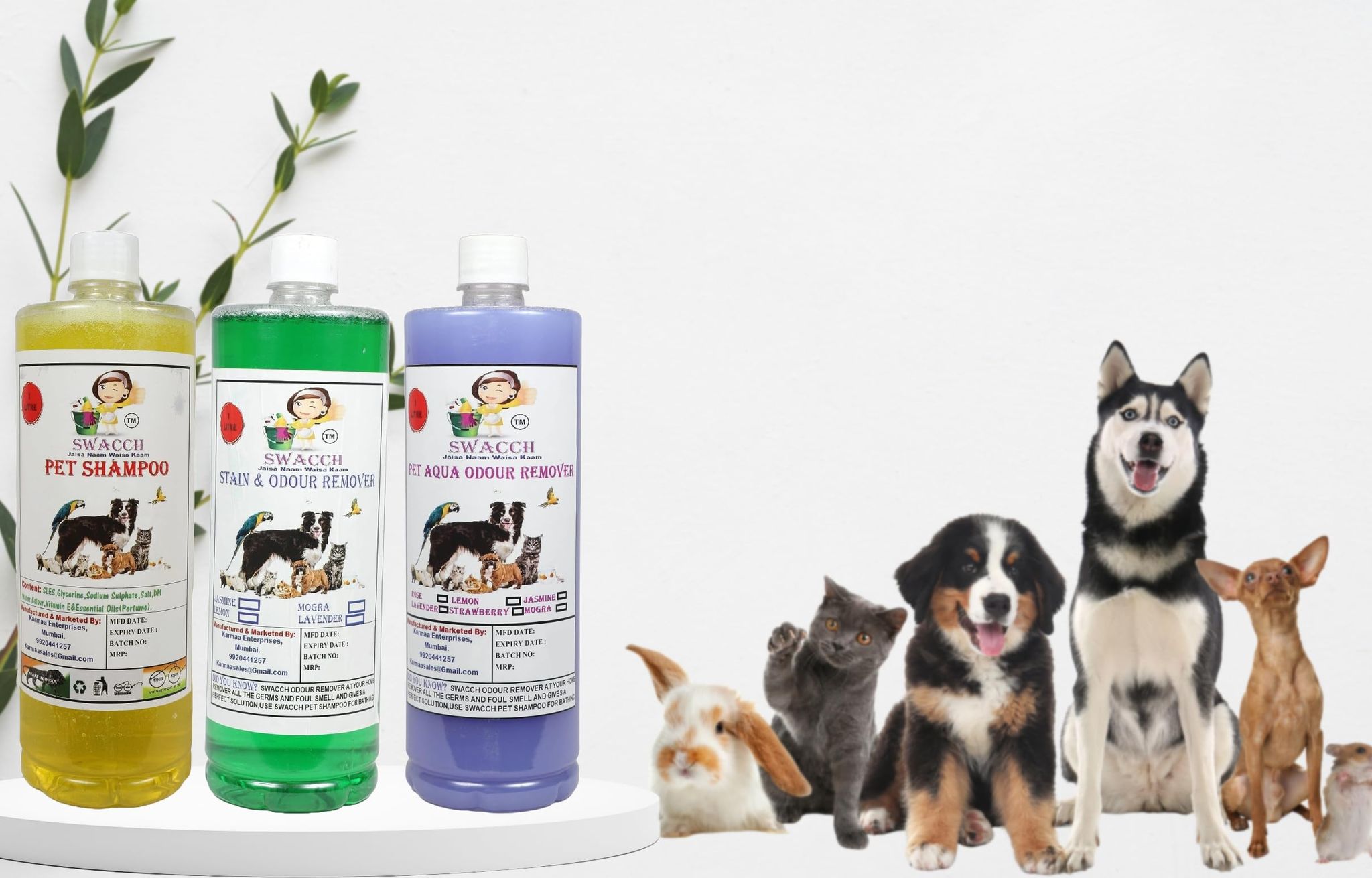 Swacch Pet Shampoo (Lemon) + Deodorizer (Lavender) + Stain Remover (Mogra) 1 Litre Each