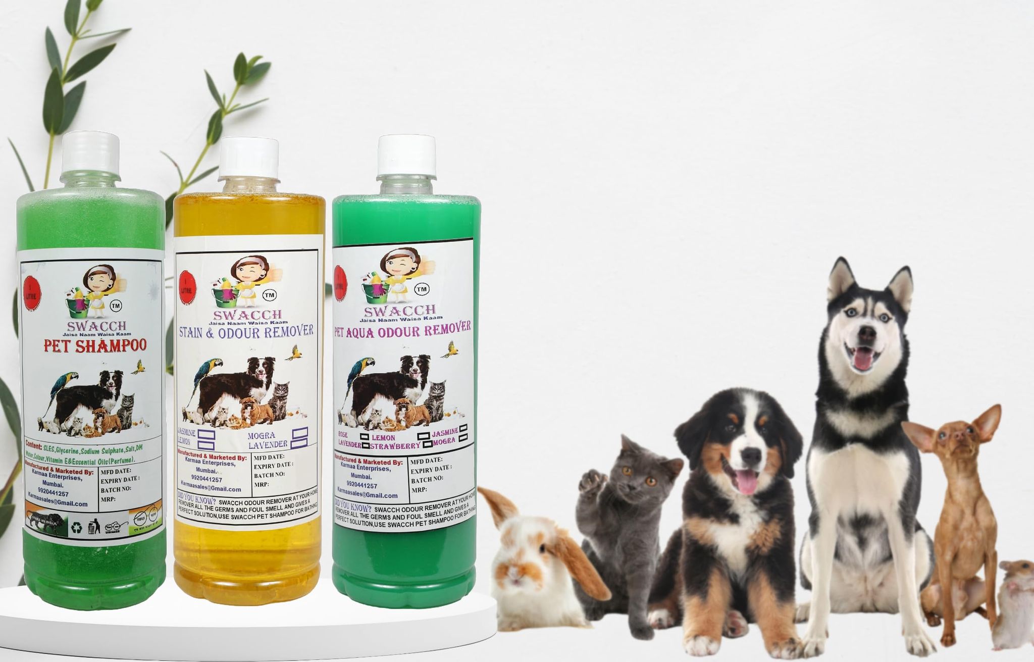 Swacch Shampoo (Neem Alovera) + Deodorizer (Jasmine) + Stain Remover (Lemon) (1 Litre) (Combo Pack of 3)
