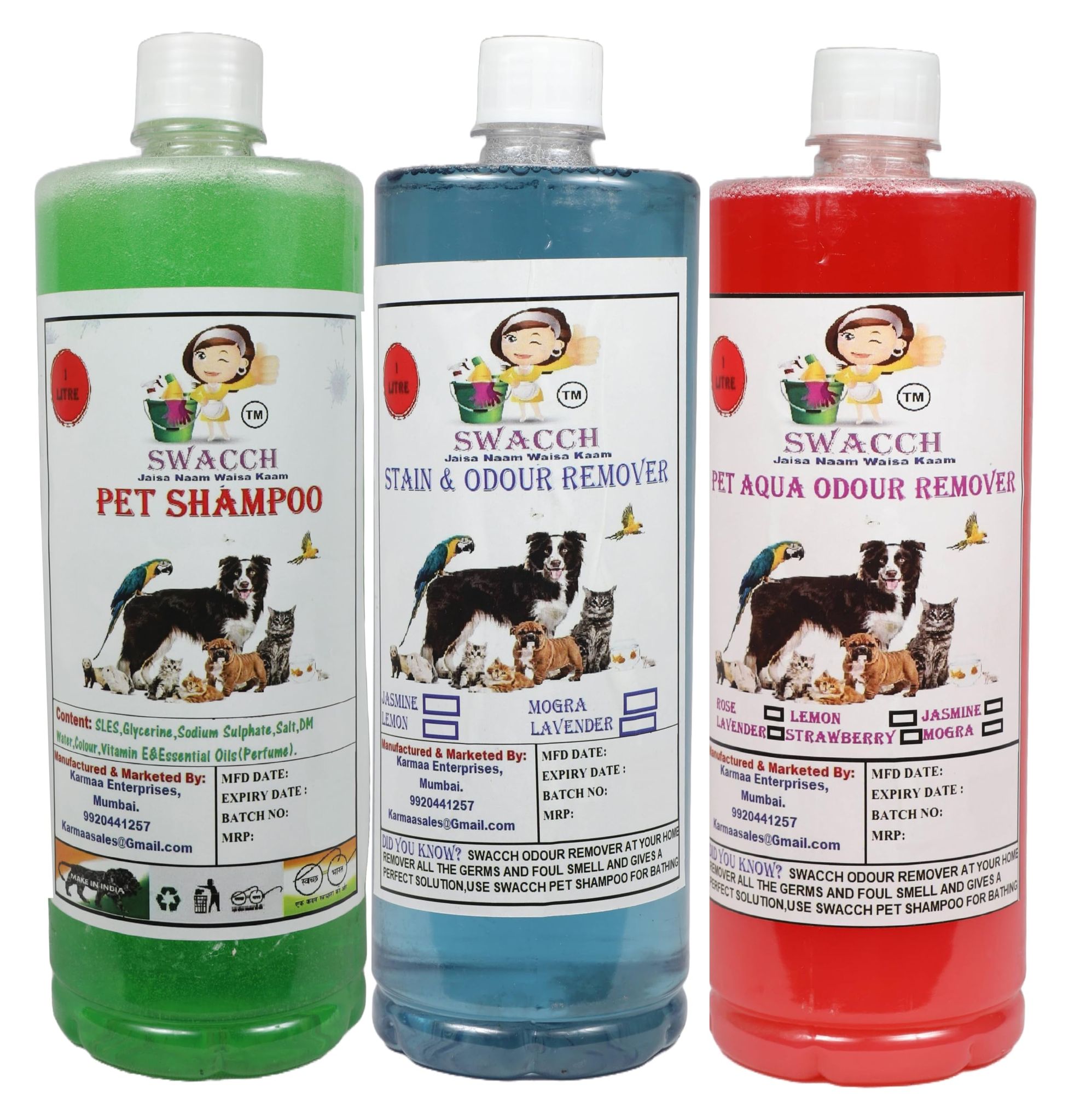Swacch Shampoo (Neem Alovera) + Deodorizer (Rose) + Stain Remover (Lavender) (1 Litre) (Combo Pack of 3)
