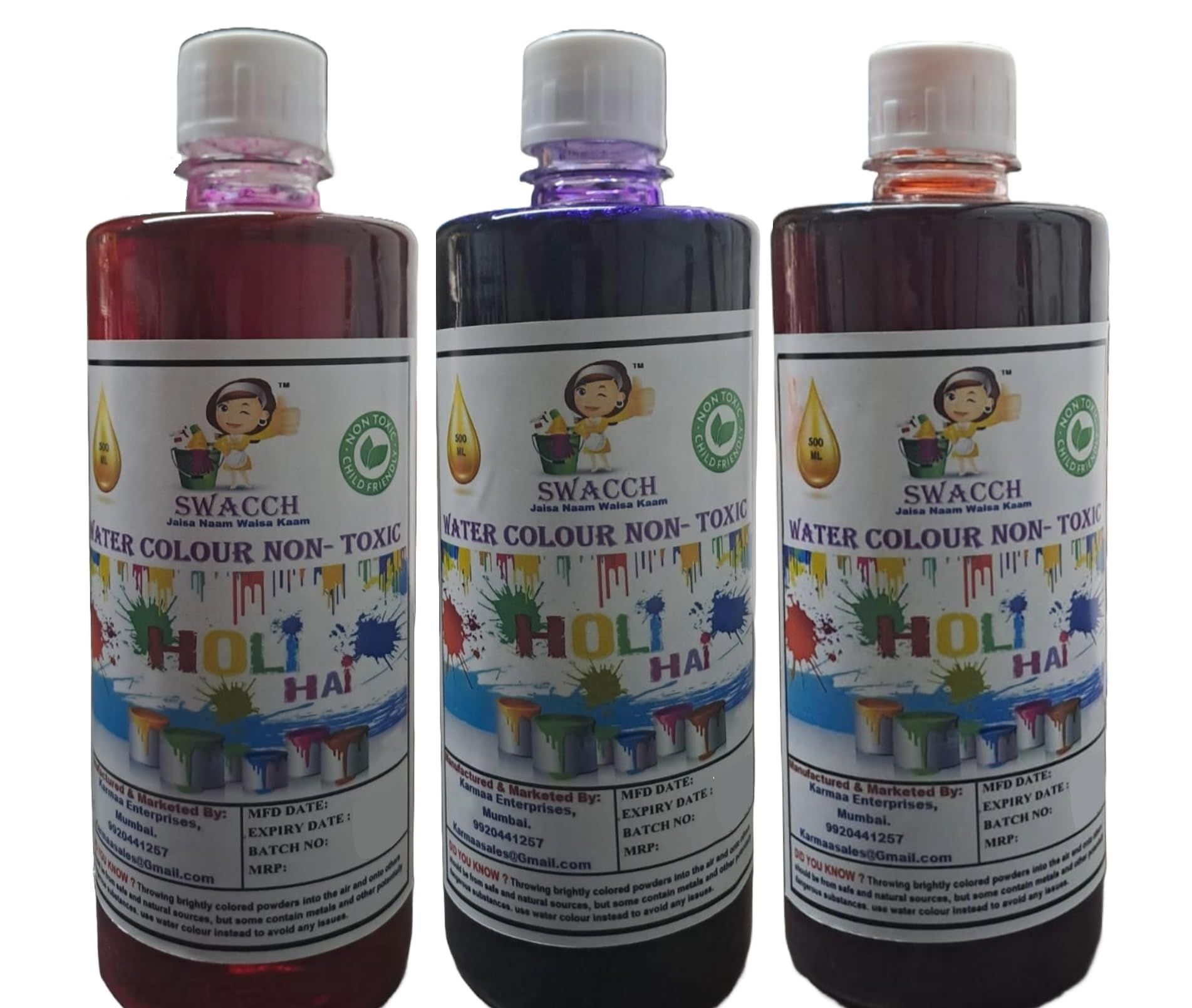 SWACCH WATER COLOUR NON-TOXIC & ECO FRIENDLY COLOUR (PINK ORANGE & PURPLE) (500ML) (PACK OF 3)