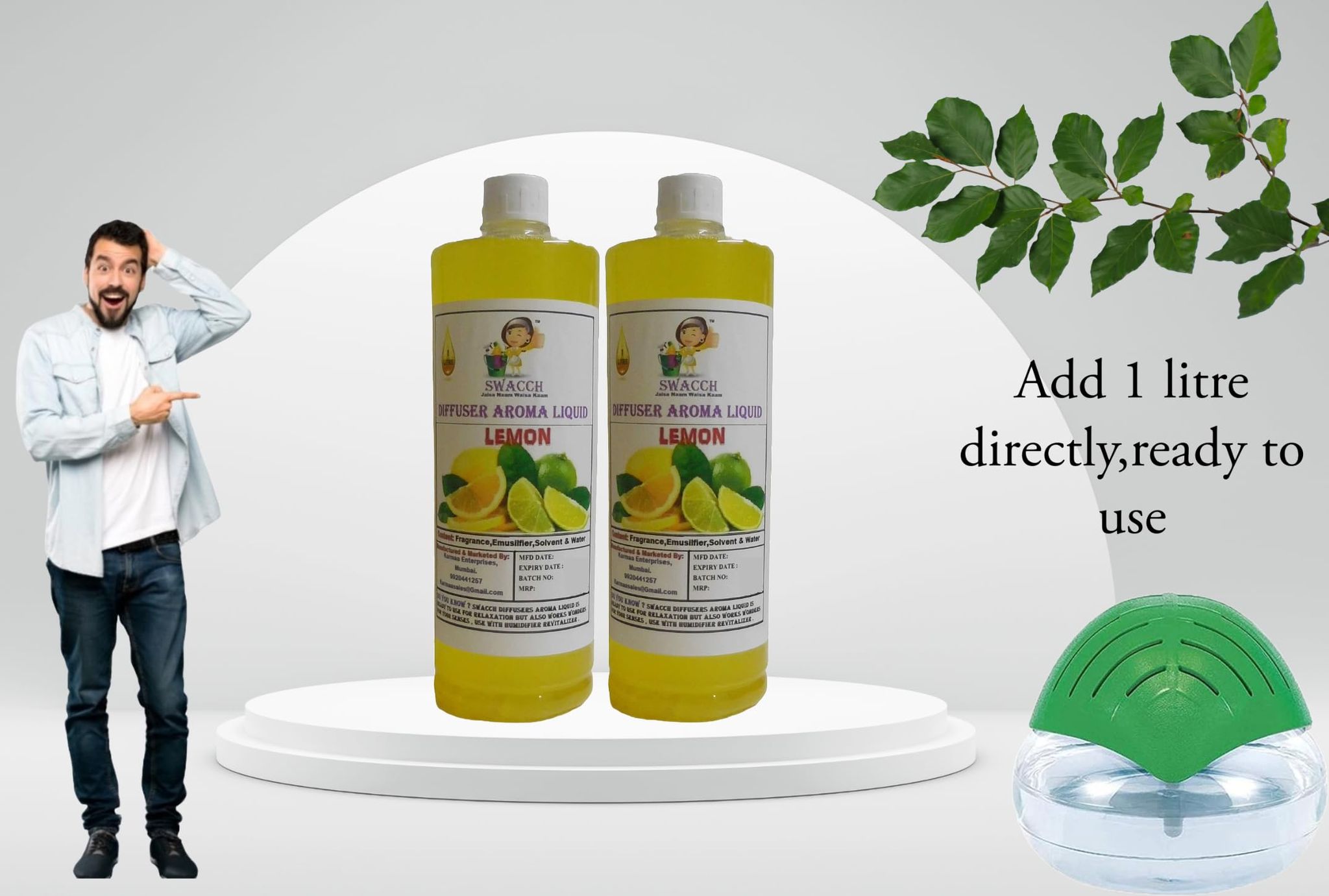 Swacch Diffuser Aroma Liquid (1 Litre) (Pack of 2) Lemon