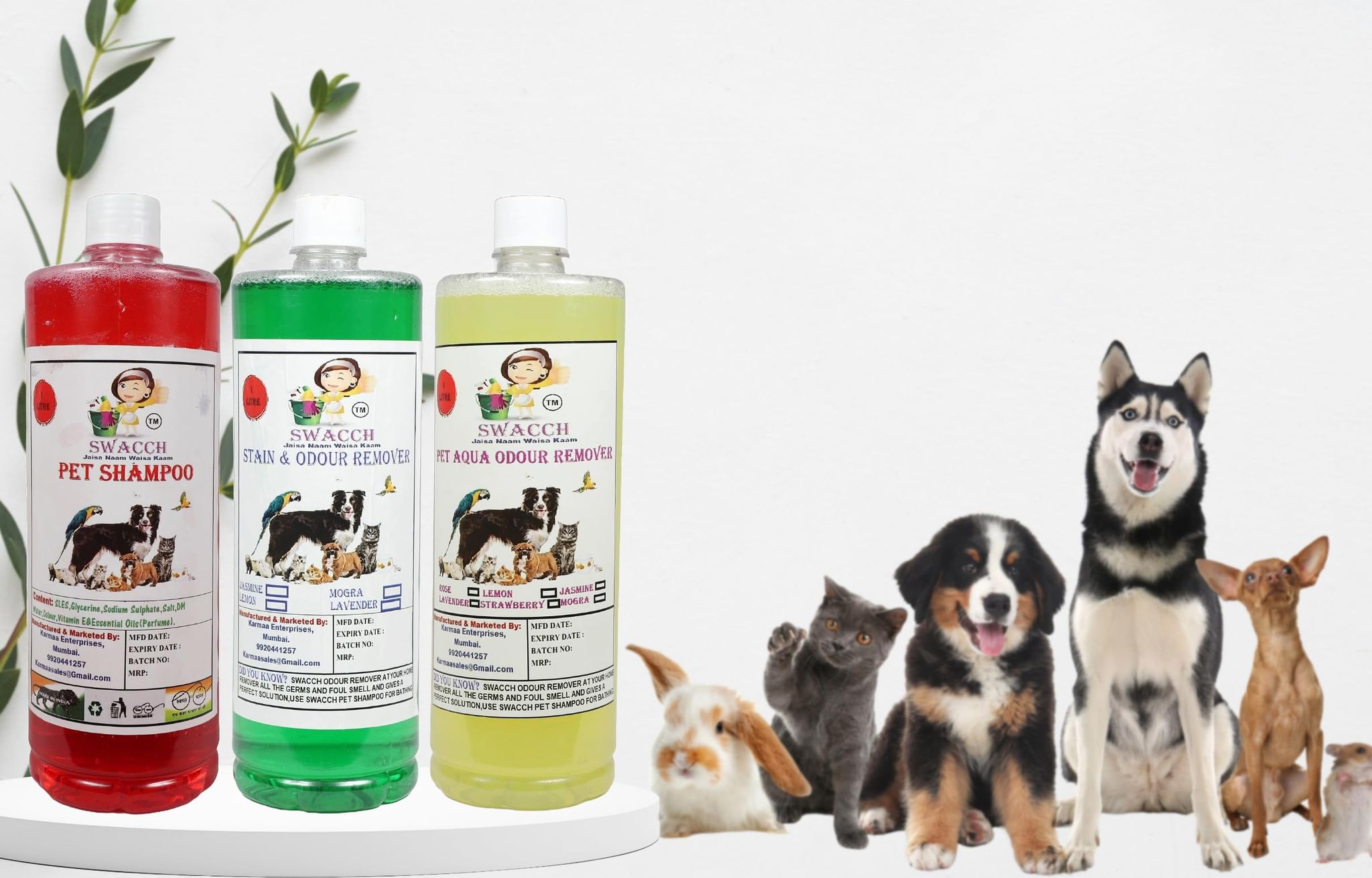 Swacch Pet Shampoo (Strawberry) + Deodorizer (Lemon) + Stain Remover (Jasmine) (1 Litre) (Combo Pack of 3)