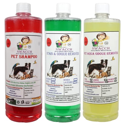 Swacch Pet Shampoo (Jasmine) + Deodorizer (Lemon) + Stain Remover (Mogra) (1 Litre) (Combo Pack of 3)