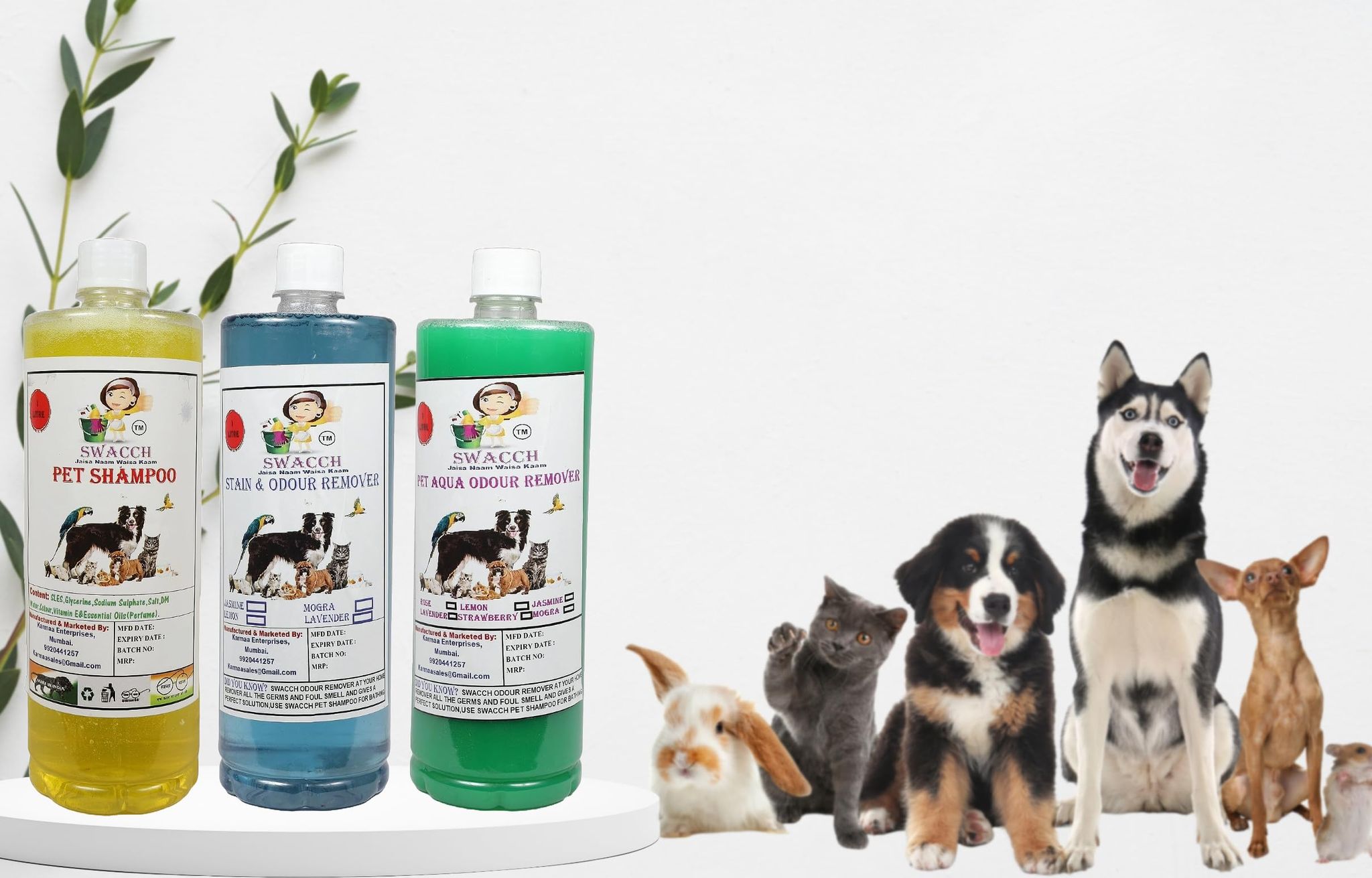 Swacch Pet Shampoo (Lemon) + Deodorizer (Jasmine) + Stain Remover (Lavender) 1 Litre Each
