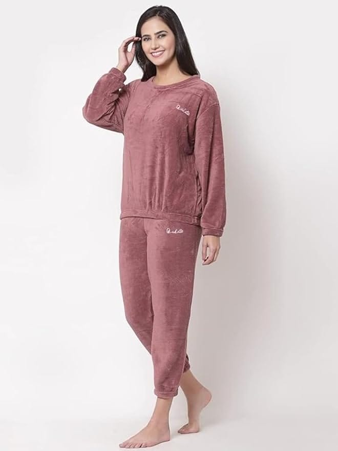 Ukal Women Winter Nightsuit Ladies Fur Nightwear Warm Night Suit for Girls Night Dress Pyjama Set Women's Full Sleeve Top and Pajama Pants Regular Fit Round Neck Pyjama Set