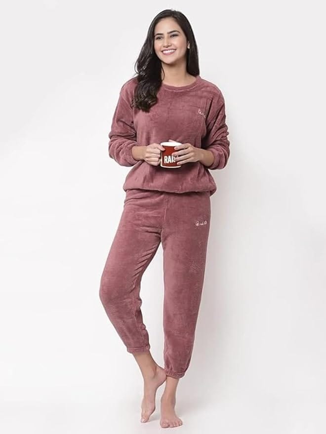 Ukal Women Winter Nightsuit Ladies Fur Nightwear Warm Night Suit for Girls Night Dress Pyjama Set Women's Full Sleeve Top and Pajama Pants Regular Fit Round Neck Pyjama Set