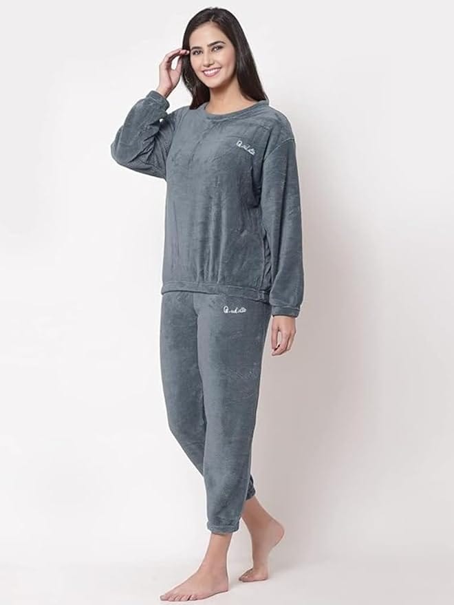 Ukal Women Winter Nightsuit Ladies Fur Nightwear Warm Night Suit for Girls Night Dress Pyjama Set Women's Full Sleeve Top and Pajama Pants Regular Fit Round Neck Pyjama Set