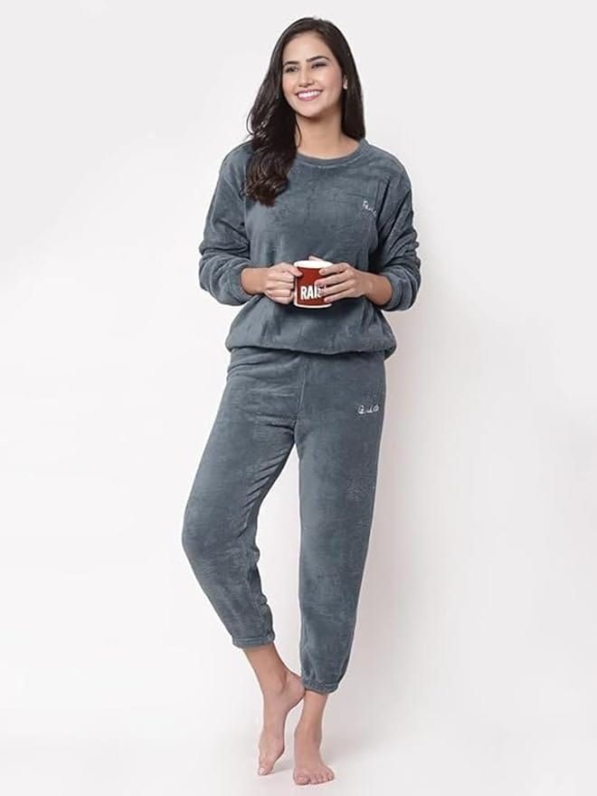 Ukal Women Winter Nightsuit Ladies Fur Nightwear Warm Night Suit for Girls Night Dress Pyjama Set Women's Full Sleeve Top and Pajama Pants Regular Fit Round Neck Pyjama Set