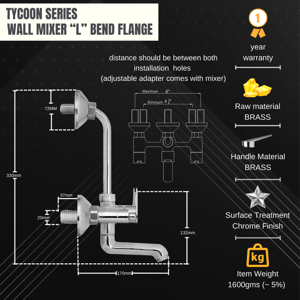 Enicet 2 in 1 wall mixer with L bend pipe for overhead shower