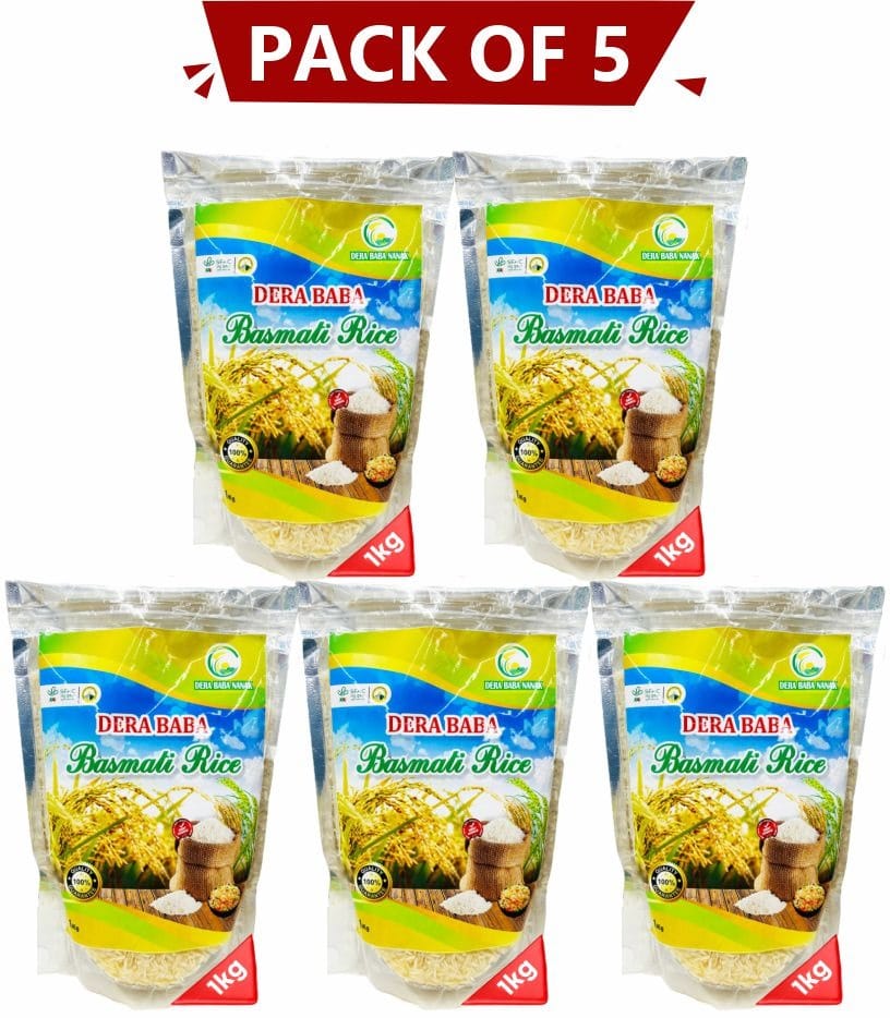 Basmati Chawal 5Kg (5 × 1Kg) – Dera Bera Nanak Premium Long Grain Rice for Kheer & Biryani. 