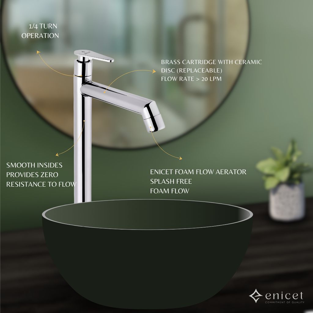 Enicet 12 Inch High Neck Pillar Tap, Brass Build, Sink Tap For Bathroom, Chrome Plated