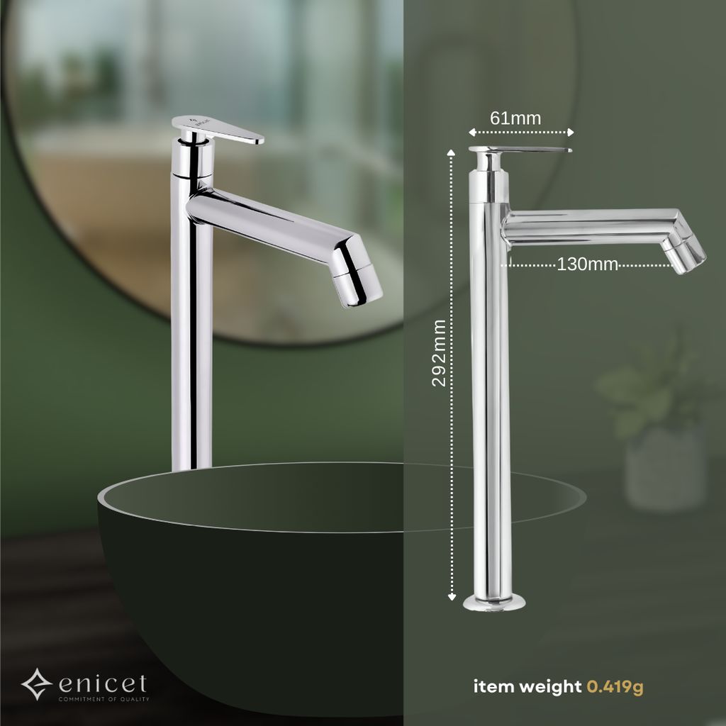 Enicet 12 Inch High Neck Pillar Tap, Brass Build, Sink Tap For Bathroom, Chrome Plated