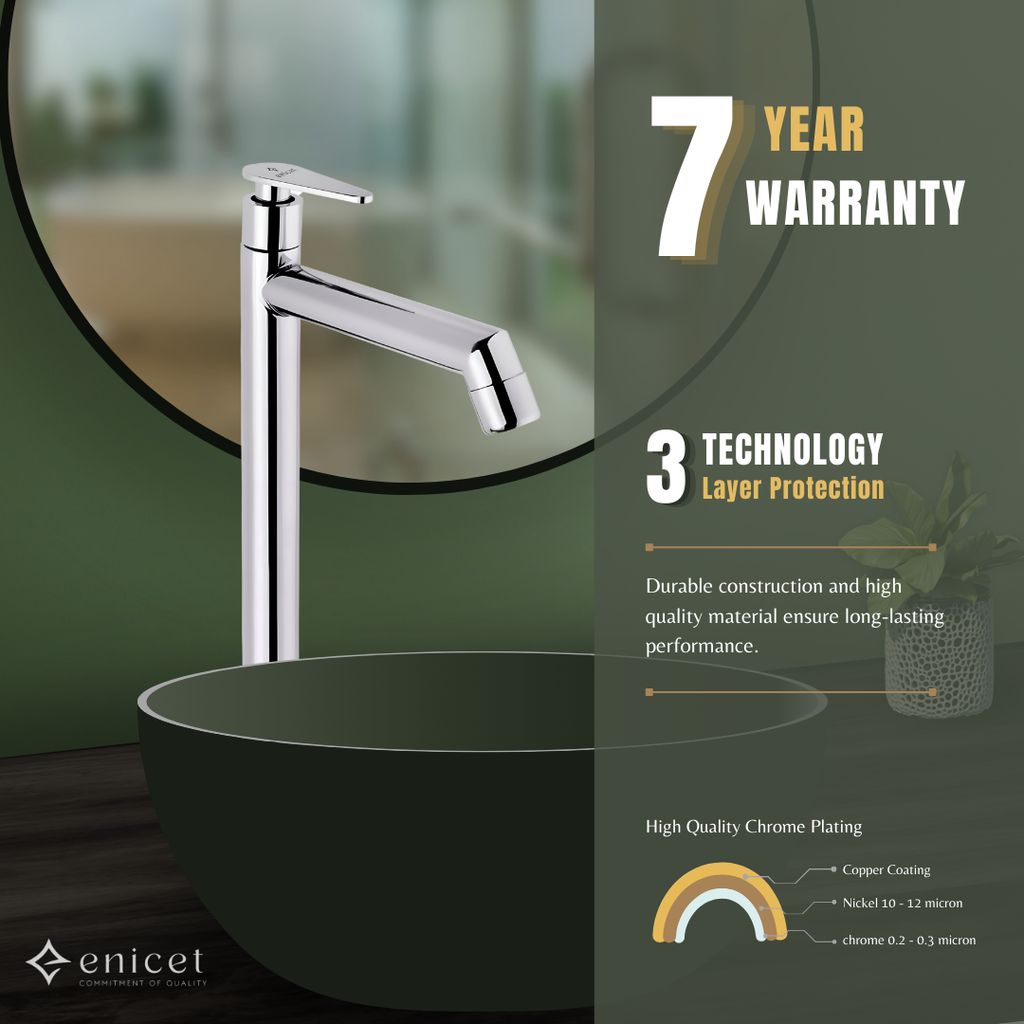 Enicet 12 Inch High Neck Pillar Tap, Brass Build, Sink Tap For Bathroom, Chrome Plated