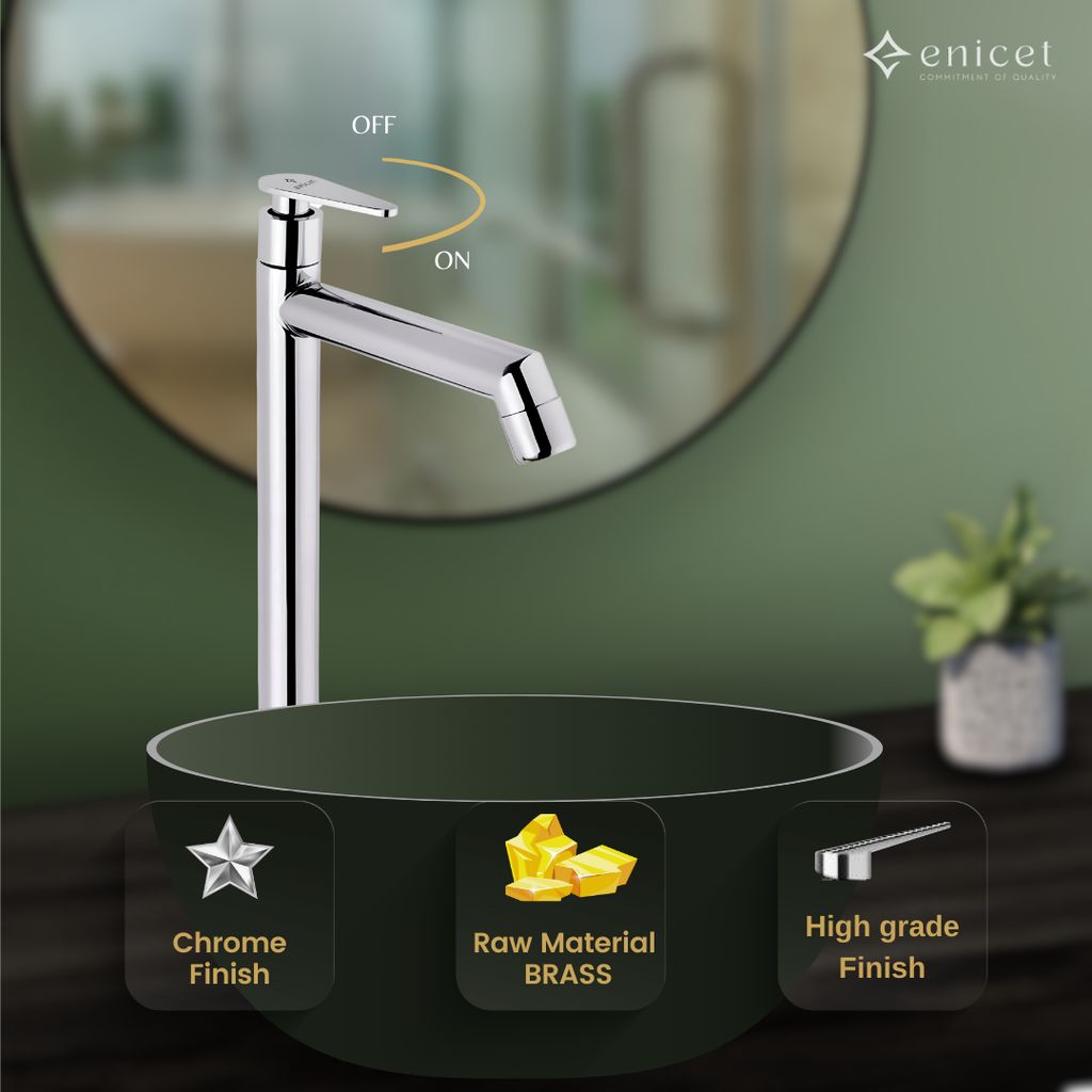 Enicet 12 Inch High Neck Pillar Tap, Brass Build, Sink Tap For Bathroom, Chrome Plated