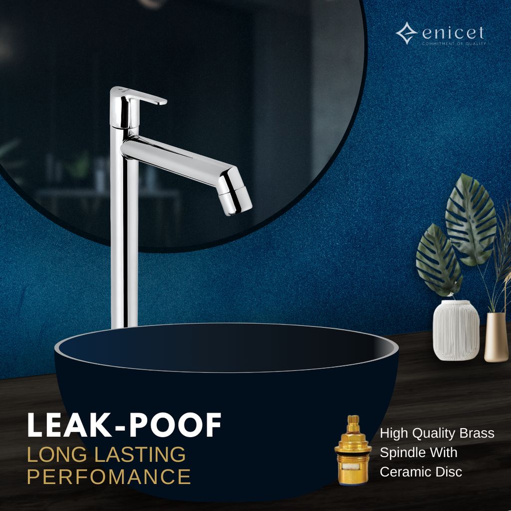 Enicet 12 Inch High Neck Pillar Tap, Brass Build, Sink Tap For Bathroom, Chrome Plated