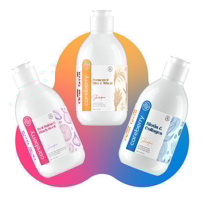 Careberry's Hair Squad: Biotin Boost, Rice Water's Volumize Vibes, Red Onion's Anti-Fall Power Trio (Pack of 3 300ml each)