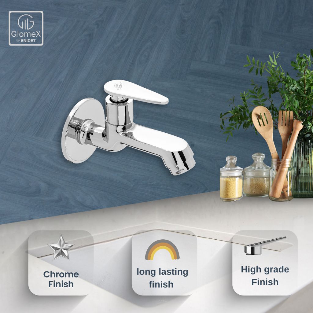 Enicet Brass Bib Tap With Wall Flange, Tap for Bathroom, Chrome Plated