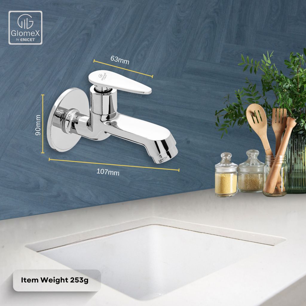 Enicet Brass Bib Tap With Wall Flange, Tap for Bathroom, Chrome Plated