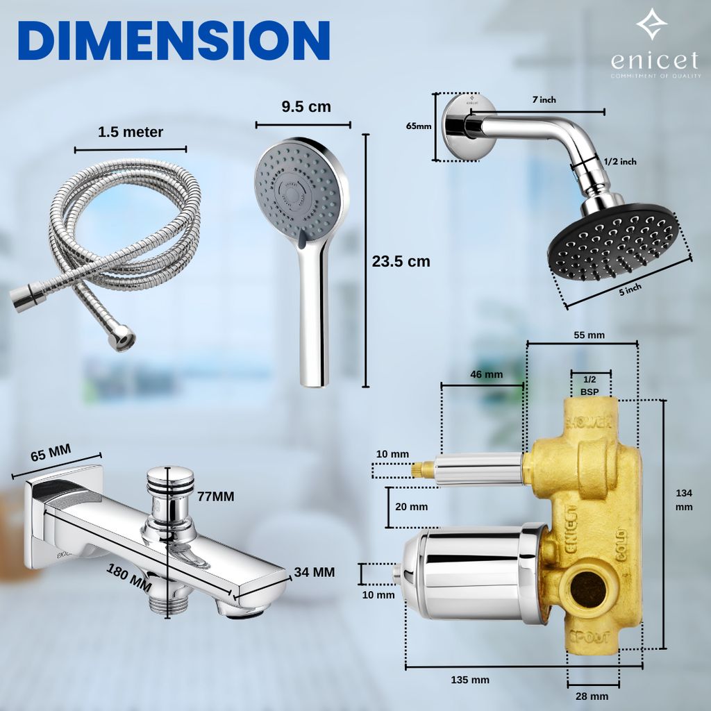 Enicet Single Lever DIverter With Concealed Body And Upper Parts Set, Brass Build and Chrome Plated, Diverter for Bathroom, Hot and Cold Water Mixer