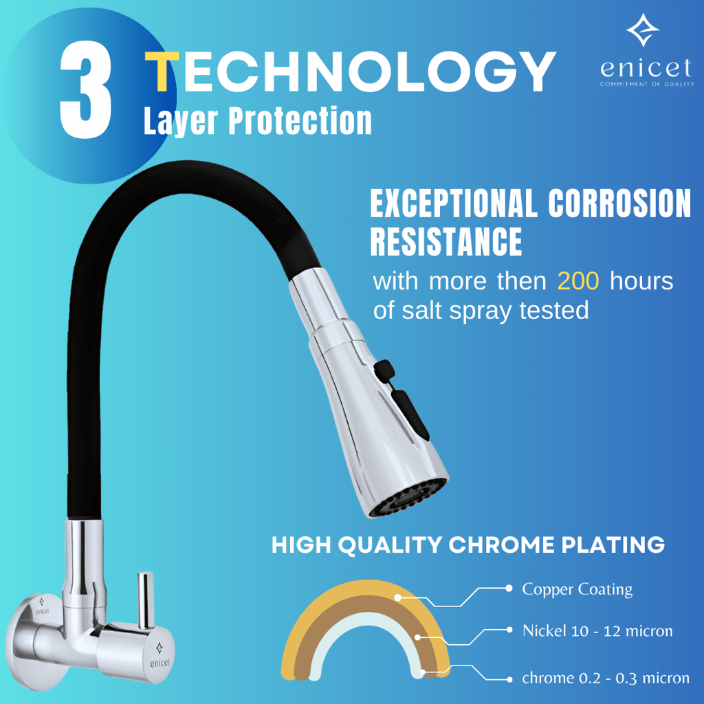 Enicet 3 Flow Sink Tap With Flexible Spout, Brass Build, Swinging Spout, Sink Tap for Kitchen