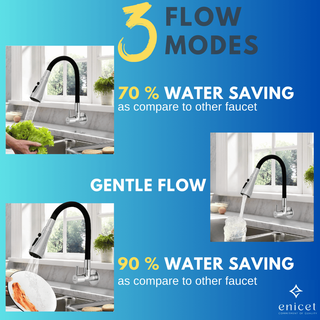 Enicet 3 Flow Sink Tap With Flexible Spout, Brass Build, Swinging Spout, Sink Tap for Kitchen