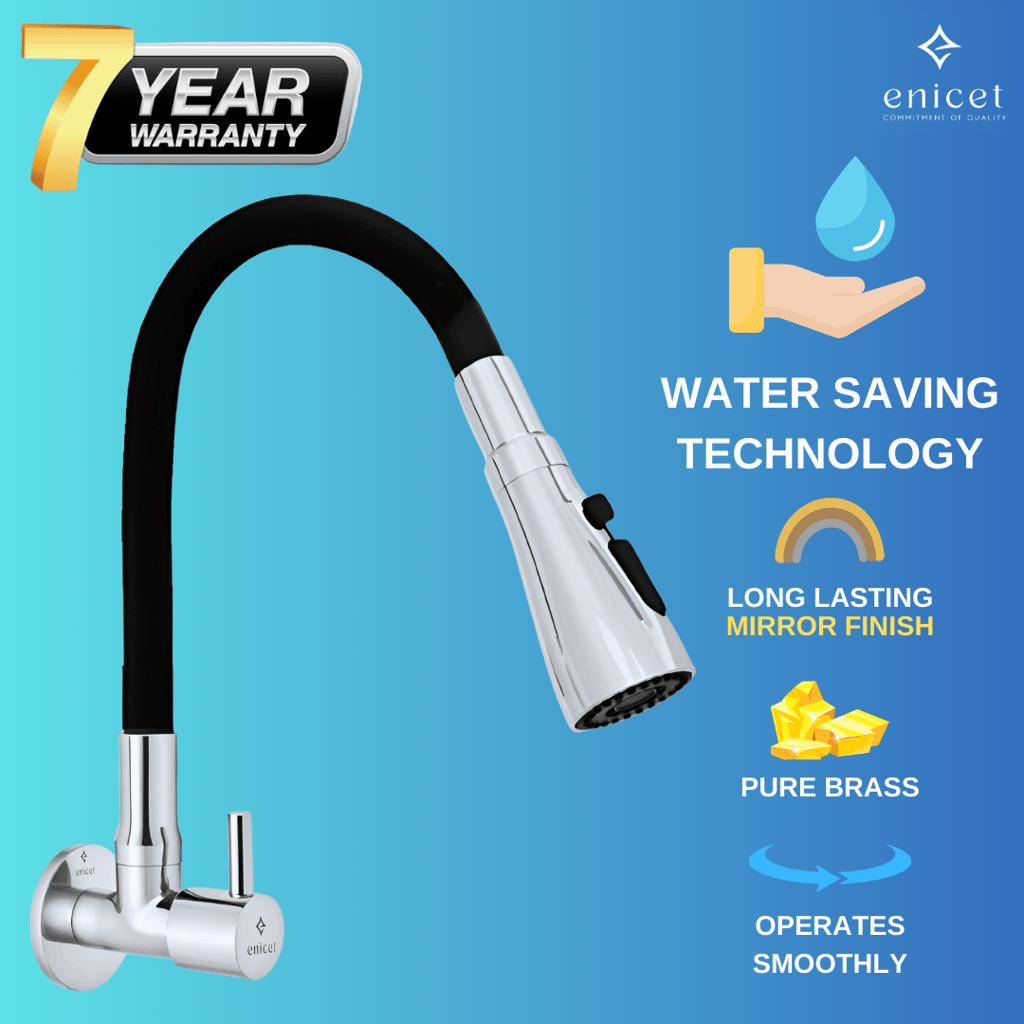 Enicet 3 Flow Sink Tap With Flexible Spout, Brass Build, Swinging Spout, Sink Tap for Kitchen