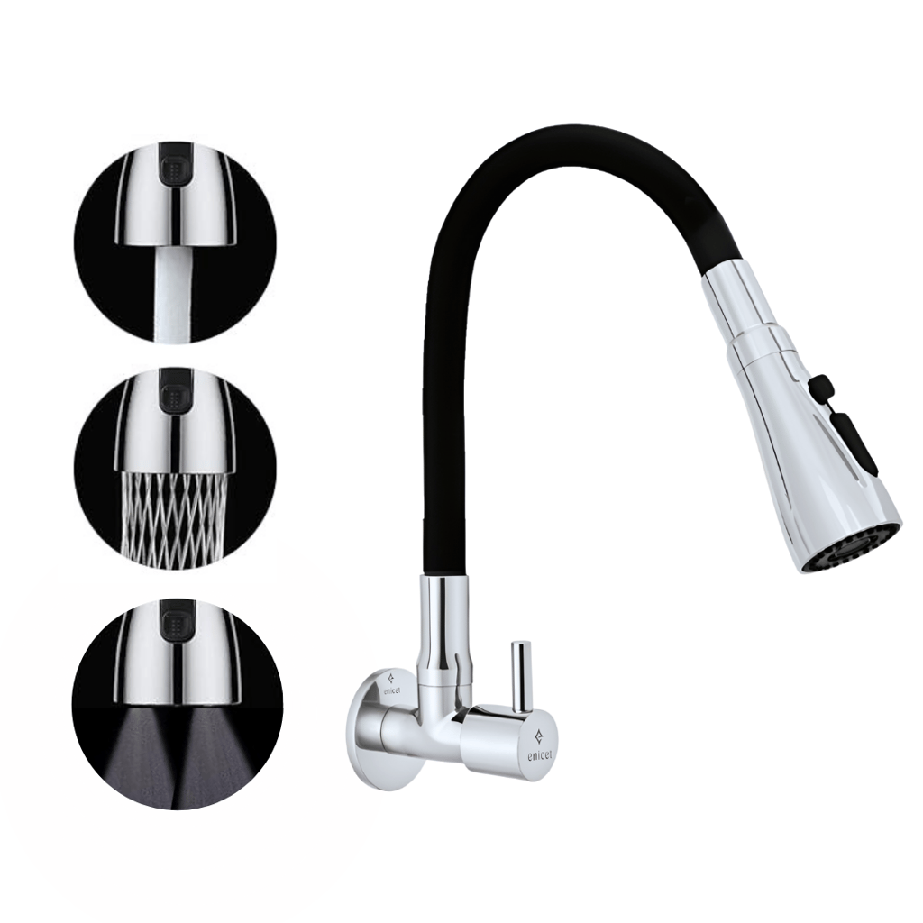 Enicet 3 Flow Sink Tap With Flexible Spout, Brass Build, Swinging Spout, Sink Tap for Kitchen