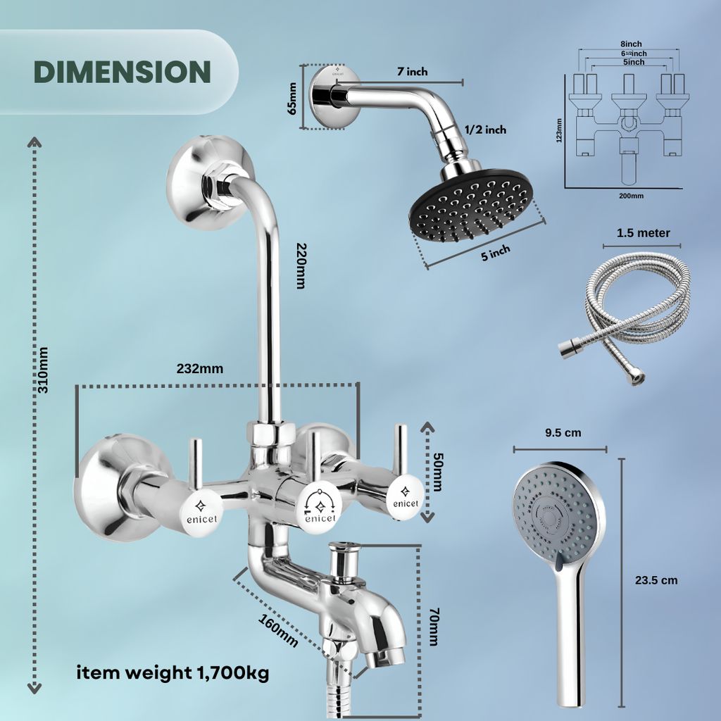 Enicet 3 in1 Wall Mixer with Overhead Shower and Handshower, Brass Build, Chrome Plated, 3 Function Handshower