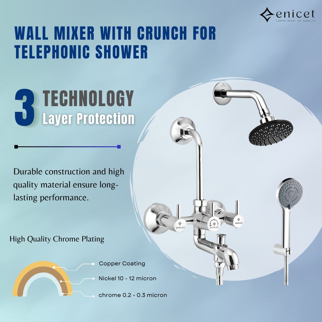 Enicet 3 in1 Wall Mixer with Overhead Shower and Handshower, Brass Build, Chrome Plated, 3 Function Handshower