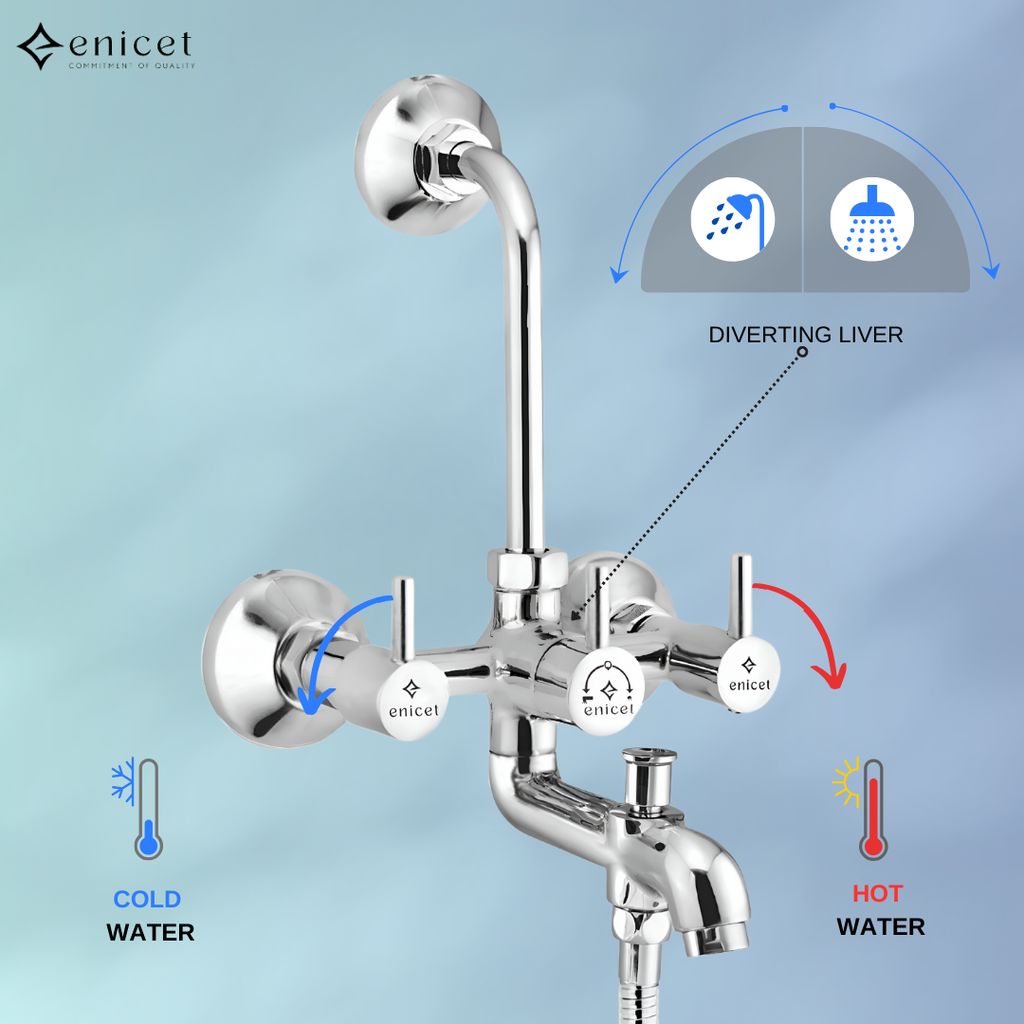 Enicet 3 in1 Wall Mixer with Overhead Shower and Handshower, Brass Build, Chrome Plated, 3 Function Handshower
