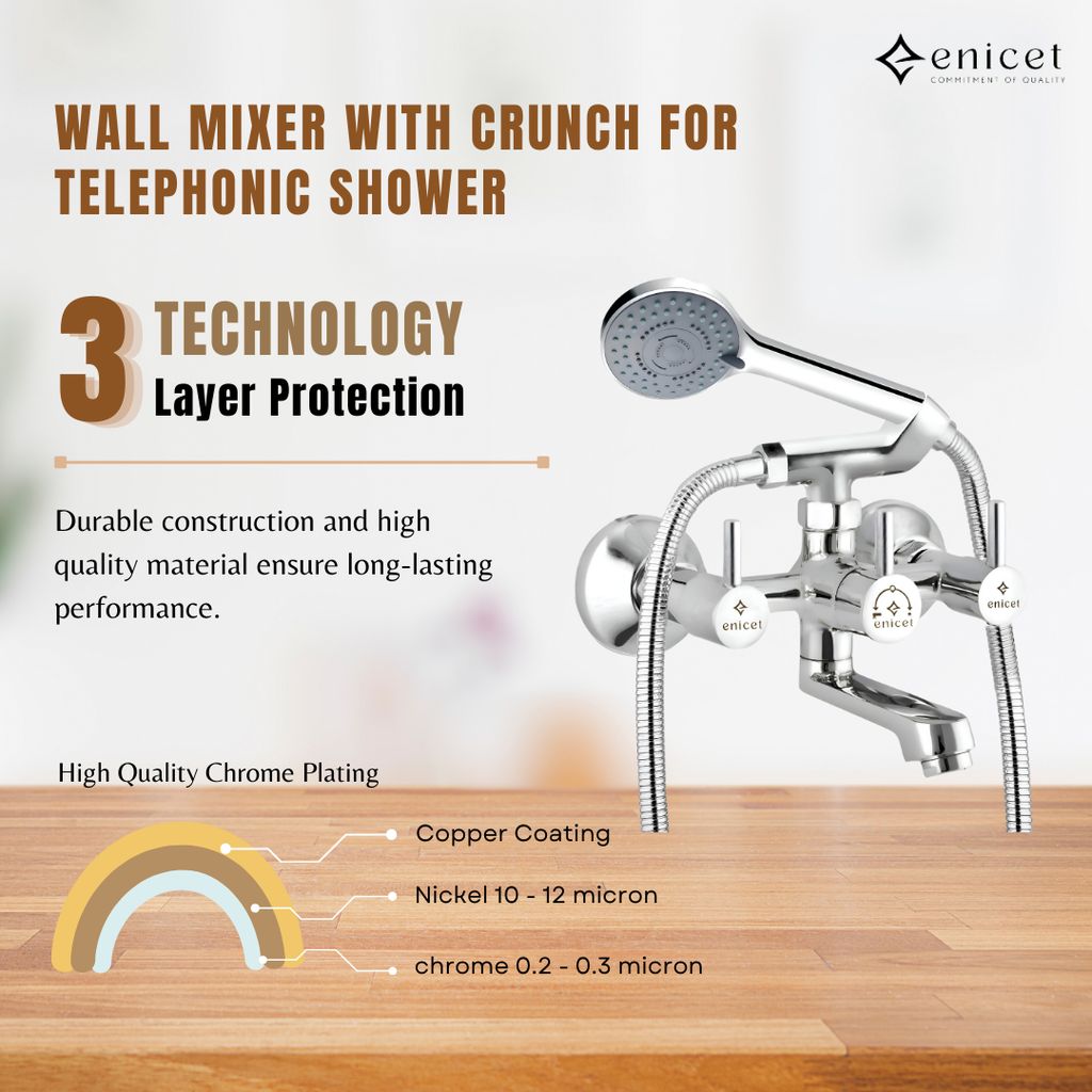 Enicet Brass Wall Mixer With Crutch For Handshower, Wall Mixer with Telephonic Shower, Chrome Plated, 3 Function Handshower
