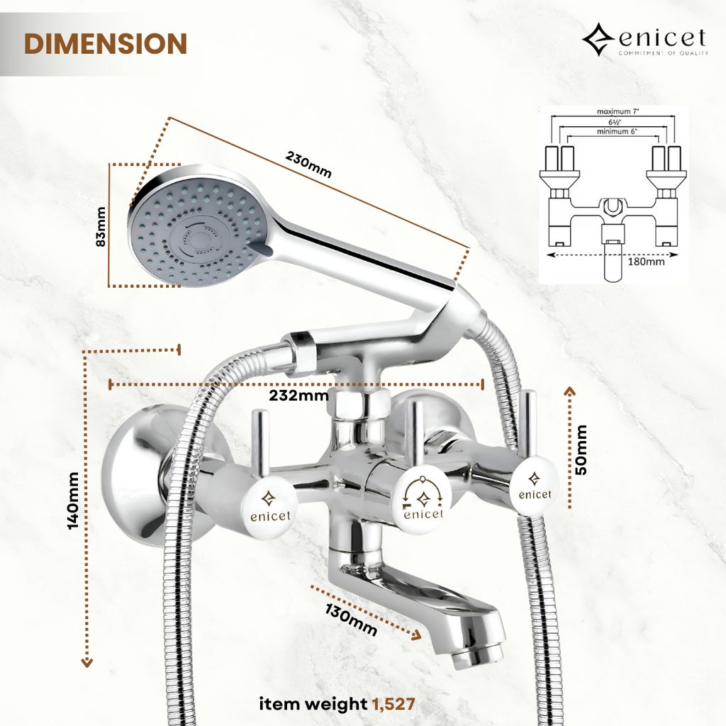 Enicet Brass Wall Mixer With Crutch For Handshower, Wall Mixer with Telephonic Shower, Chrome Plated, 3 Function Handshower
