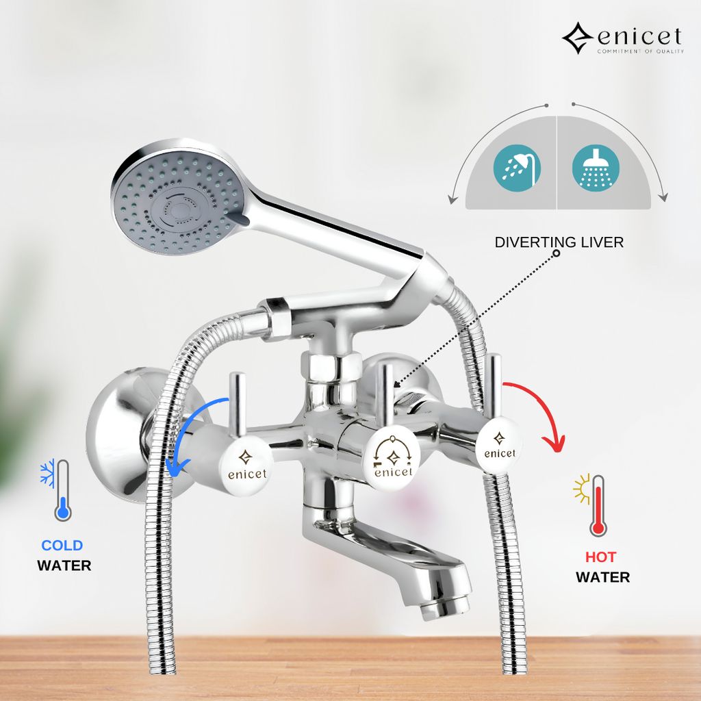 Enicet Brass Wall Mixer With Crutch For Handshower, Wall Mixer with Telephonic Shower, Chrome Plated, 3 Function Handshower