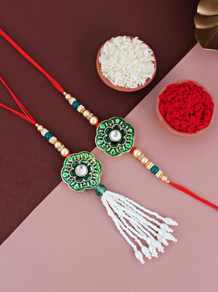 Lucky Jewellery Designer Green Color Meena Rakhi - Rakshabandhan Rakhee with Pearl Lumba Bracelet for Brother/Bhaiya/Bhai/Bhabhi - Pack of 2 (130-JPCR1-1853-G-2)