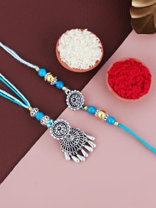 Lucky Jewellery Designer Oxidised Silver Rakhi - Rakshabandhan Rakhee with Tasseled Lumba Bracelet for Brother/Bhaiya/Bhai/Bhabhi - Pack of 2 (144-JPCR1-1983-S-2)
