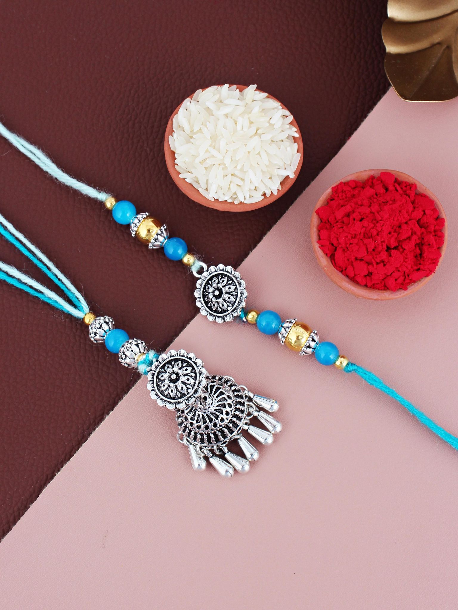 Lucky Jewellery Designer Oxidised Silver Rakhi - Rakshabandhan Rakhee with Tasseled Lumba Bracelet for Brother/Bhaiya/Bhai/Bhabhi - Pack of 2 (144-JPCR1-1983-S-2)