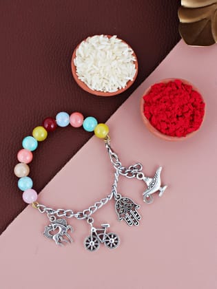 Lucky Jewellery Designer Oxidised Silver Charm Rakhi - Rakshabandhan Multi Color Beads Rakhee Pearl Lumba Bracelet for Brother/Bhaiya/Bhai/Bhabhi - Pack of 1 (158-N4B2O-1991-MT)